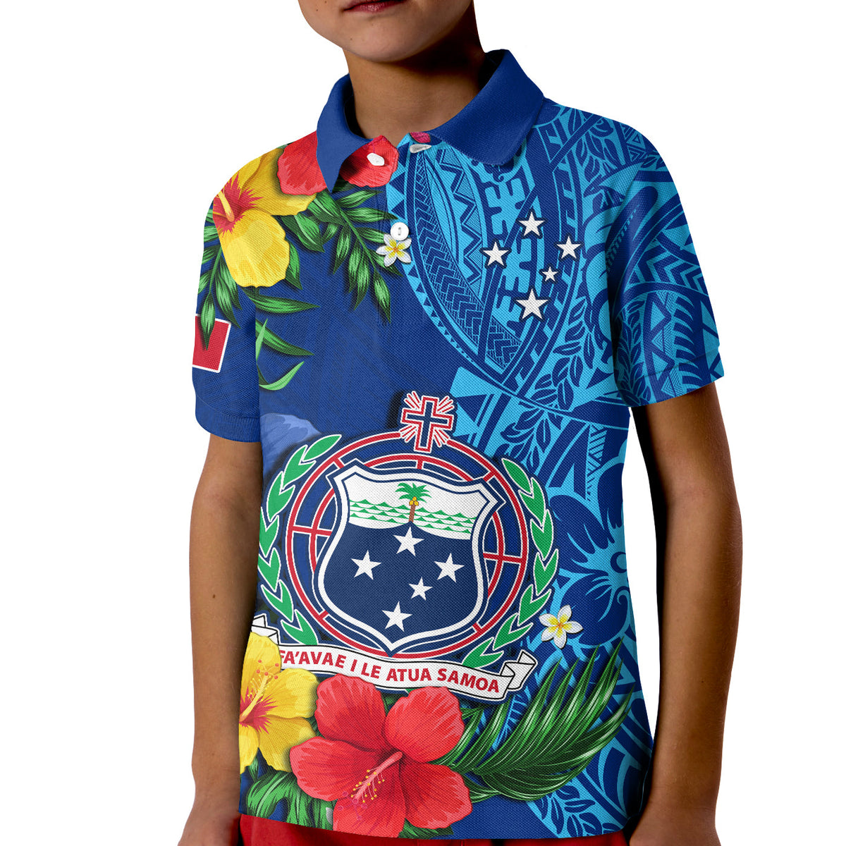 Samoa Polo Shirt KID Coat Of Arms Mix Tropical Flowers LT14 Kid Blue - Polynesian Pride