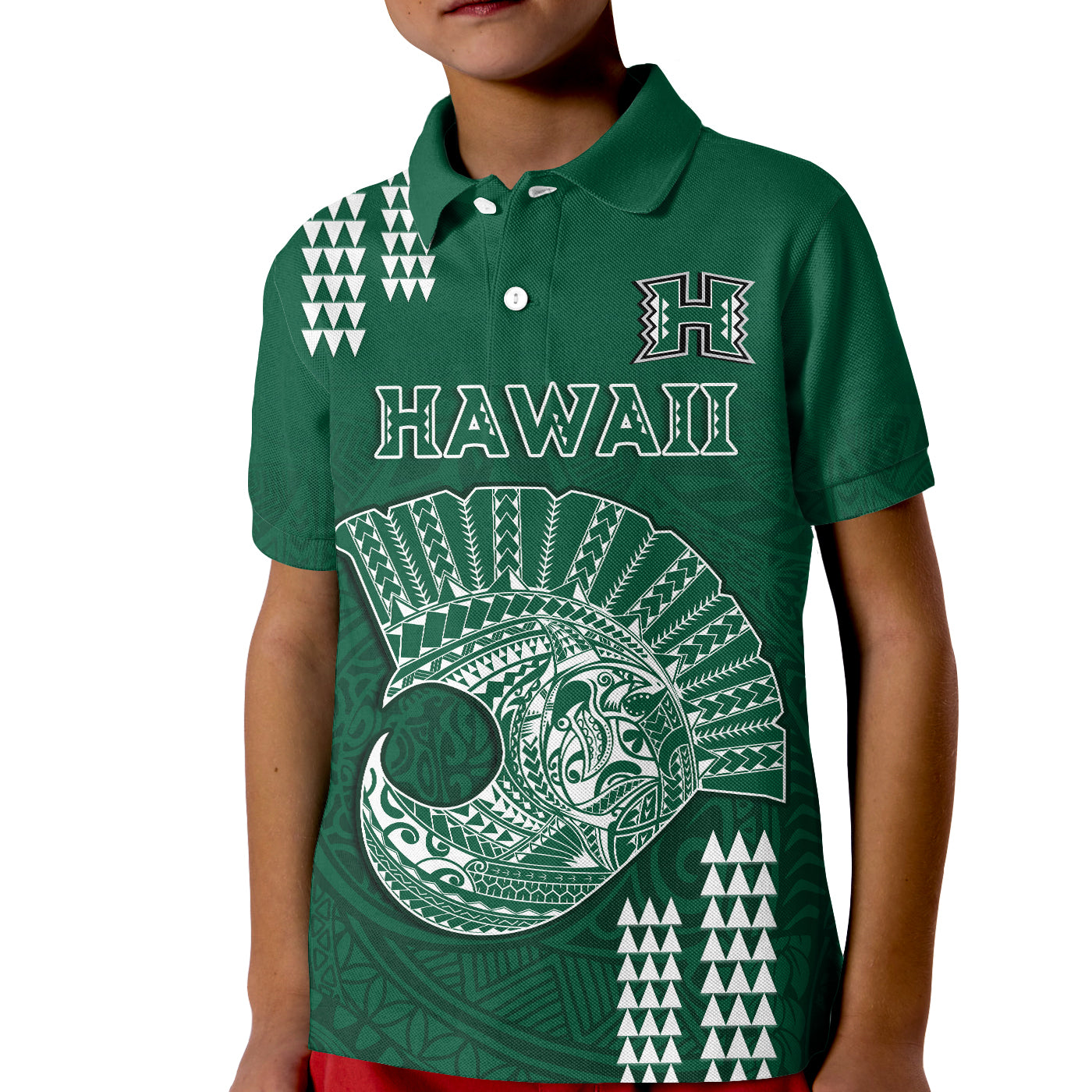 Hawaii Football Polo Shirt KID Kakau Rainbow Warriors Helmet LT14 Kid Green - Polynesian Pride
