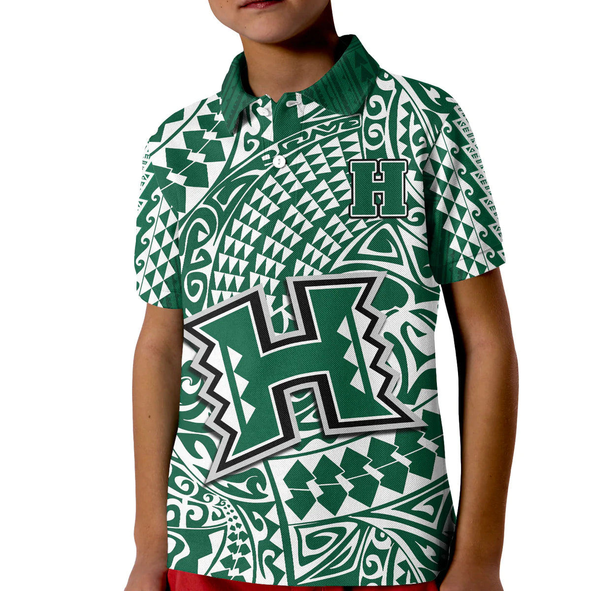 Hawaii Football Polo Shirt KID Rainbow Warriors Tribal Kakau LT14 Kid Green - Polynesian Pride