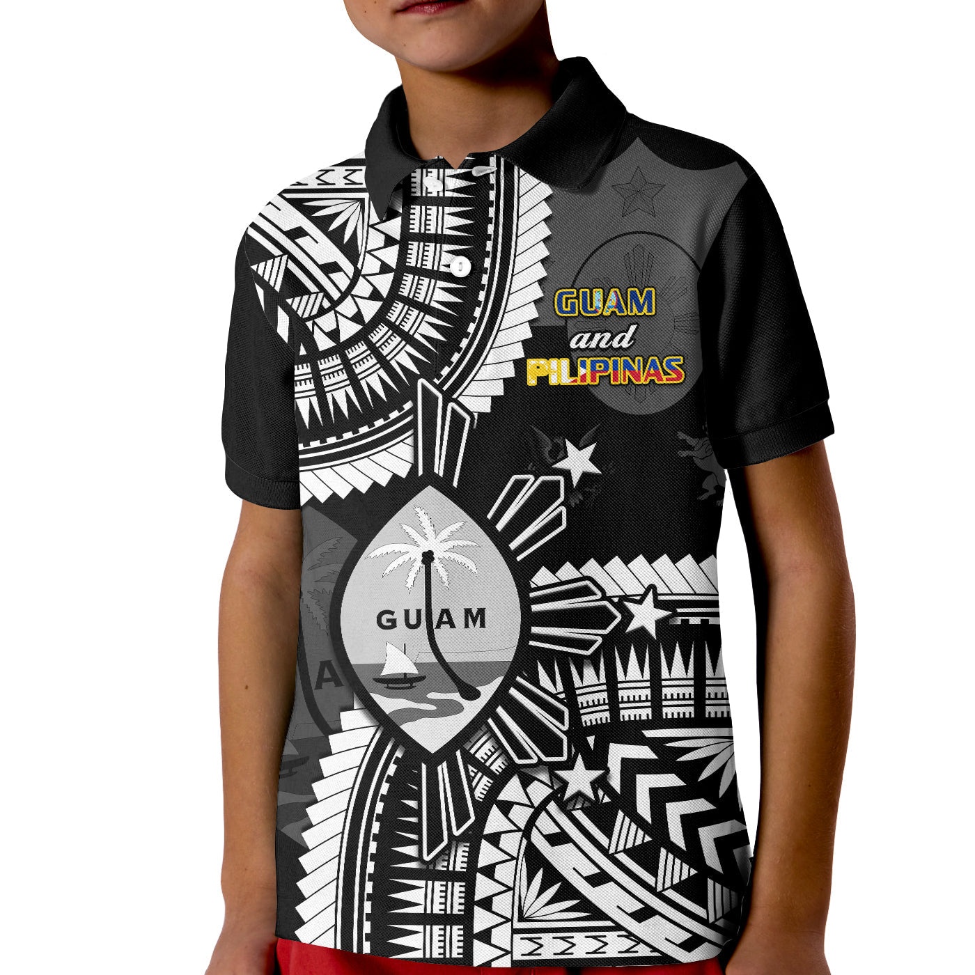 Guam and Philippines Polo Shirt KID Guaman Filipinas Together Black LT14 Kid Black - Polynesian Pride