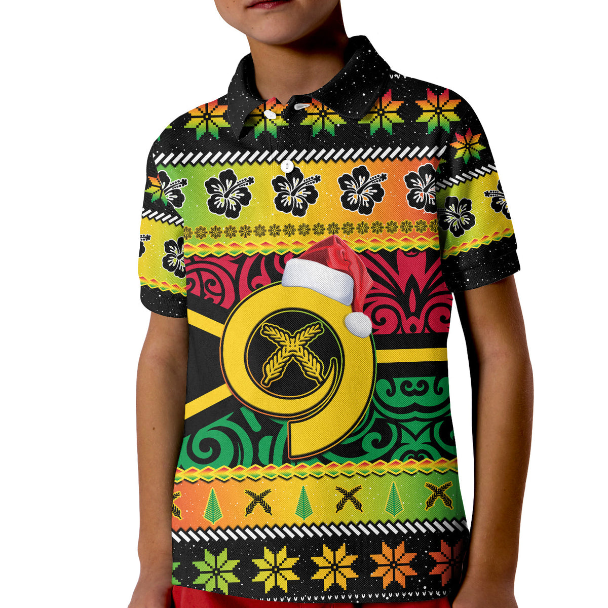 Vanuatu Christmas Polo Shirt Pig Tusk Polynesian Joyeux Noel Flag Art LT14 Kid Reggae - Polynesian Pride