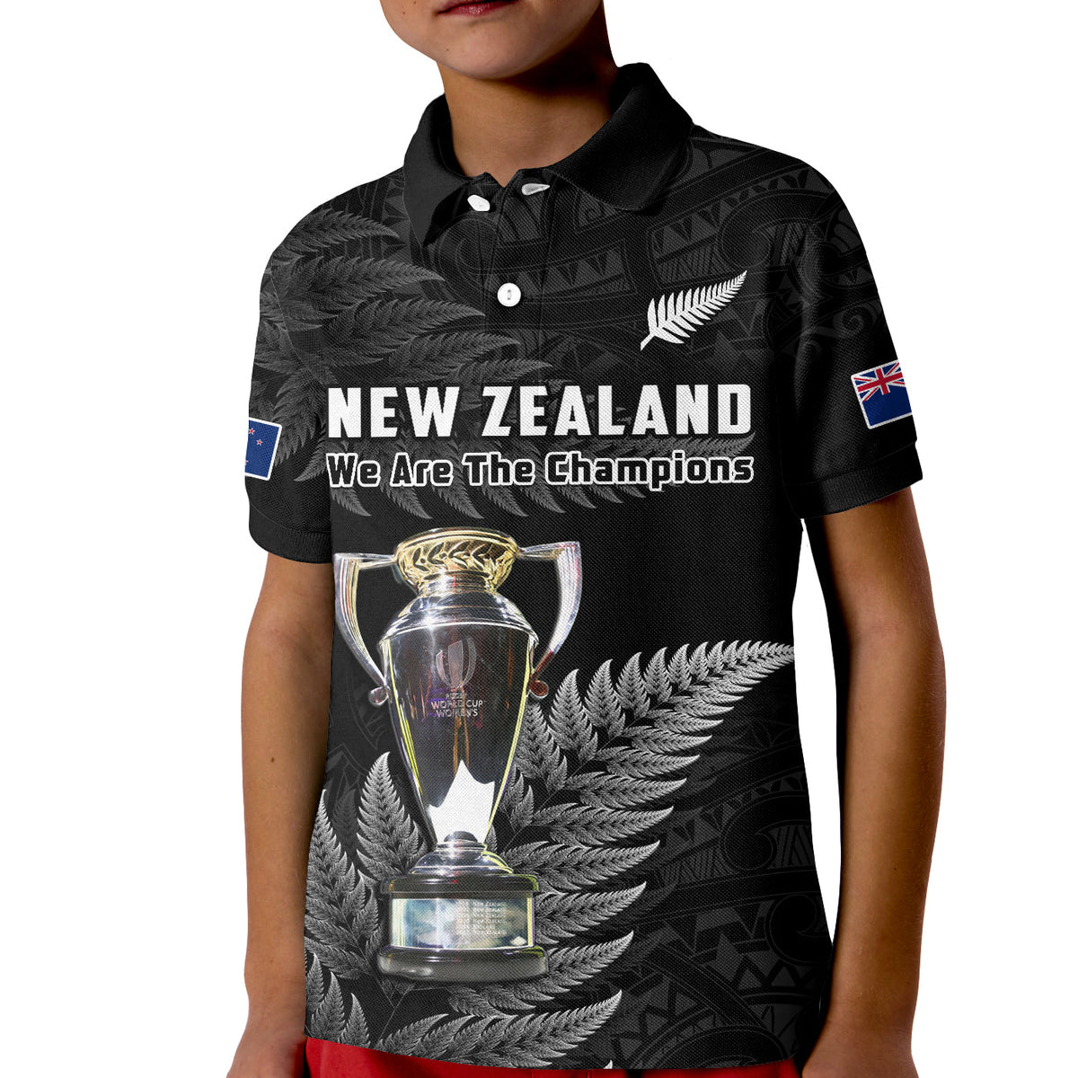 New Zealand 2022 Rugby Polo Shirt KID Black Fern Proud Champions RWC LT14 Kid Black - Polynesian Pride
