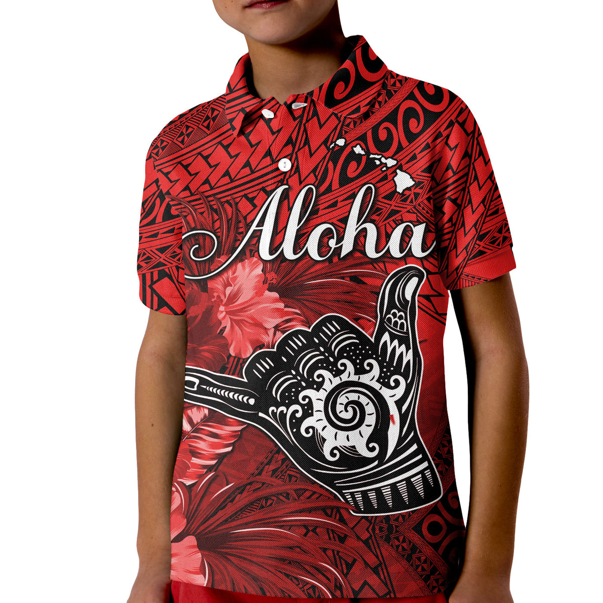 The Shaka Hawaii Polo Shirt Tropical Flowers Red Version LT13 - Polynesian Pride