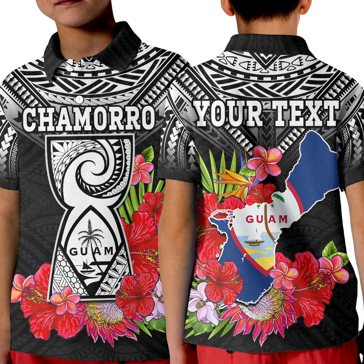 Custom Guam Chamorro Polo Shirt Guaman Latte Stone Tropical Flowers Black Style LT14 Kid Black - Polynesian Pride