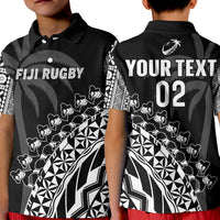(Custom Text and Number) Fiji Rugby Polo Shirt Fijian Cibi Dance Tapa Pattern Black LT14 Kid Black - Polynesian Pride