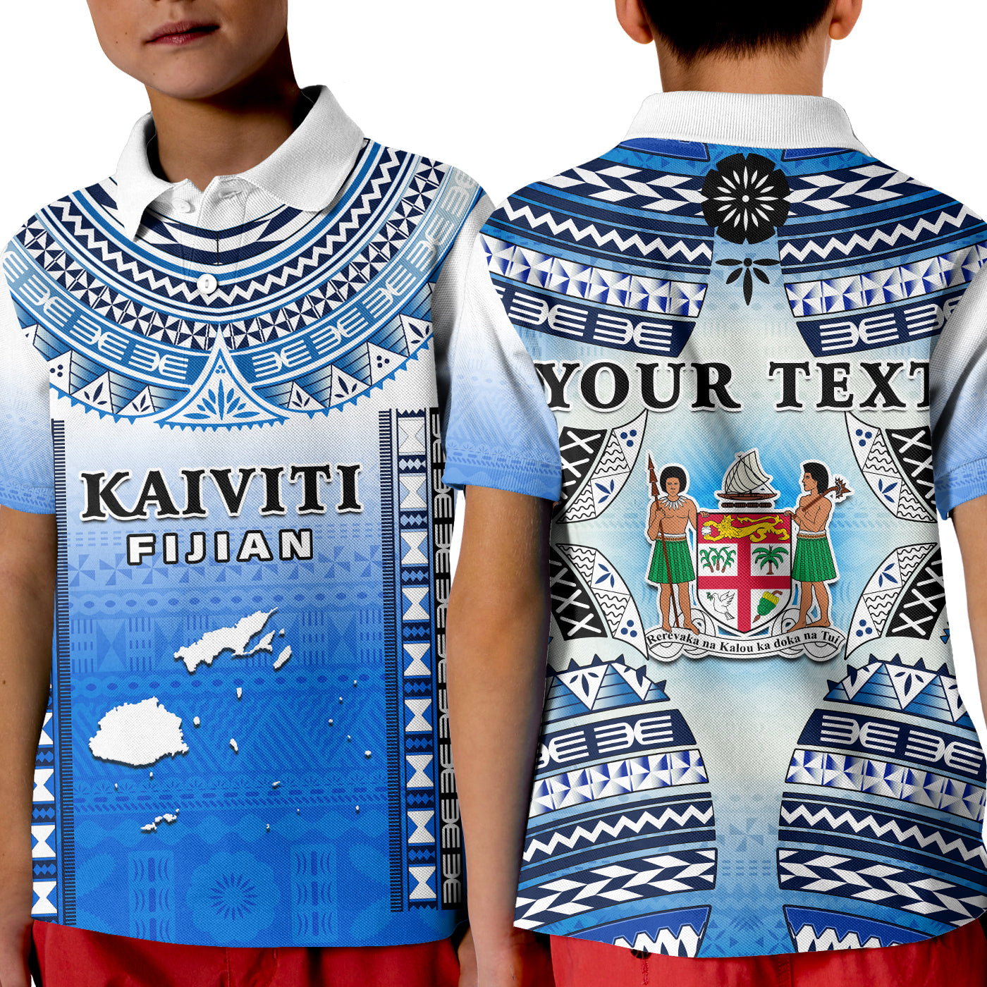 Custom Text and Number Fiji Polo Shirt KID Kaiviti Fijian Special Tapa Pattern LT14 Kid Blue - Polynesian Pride