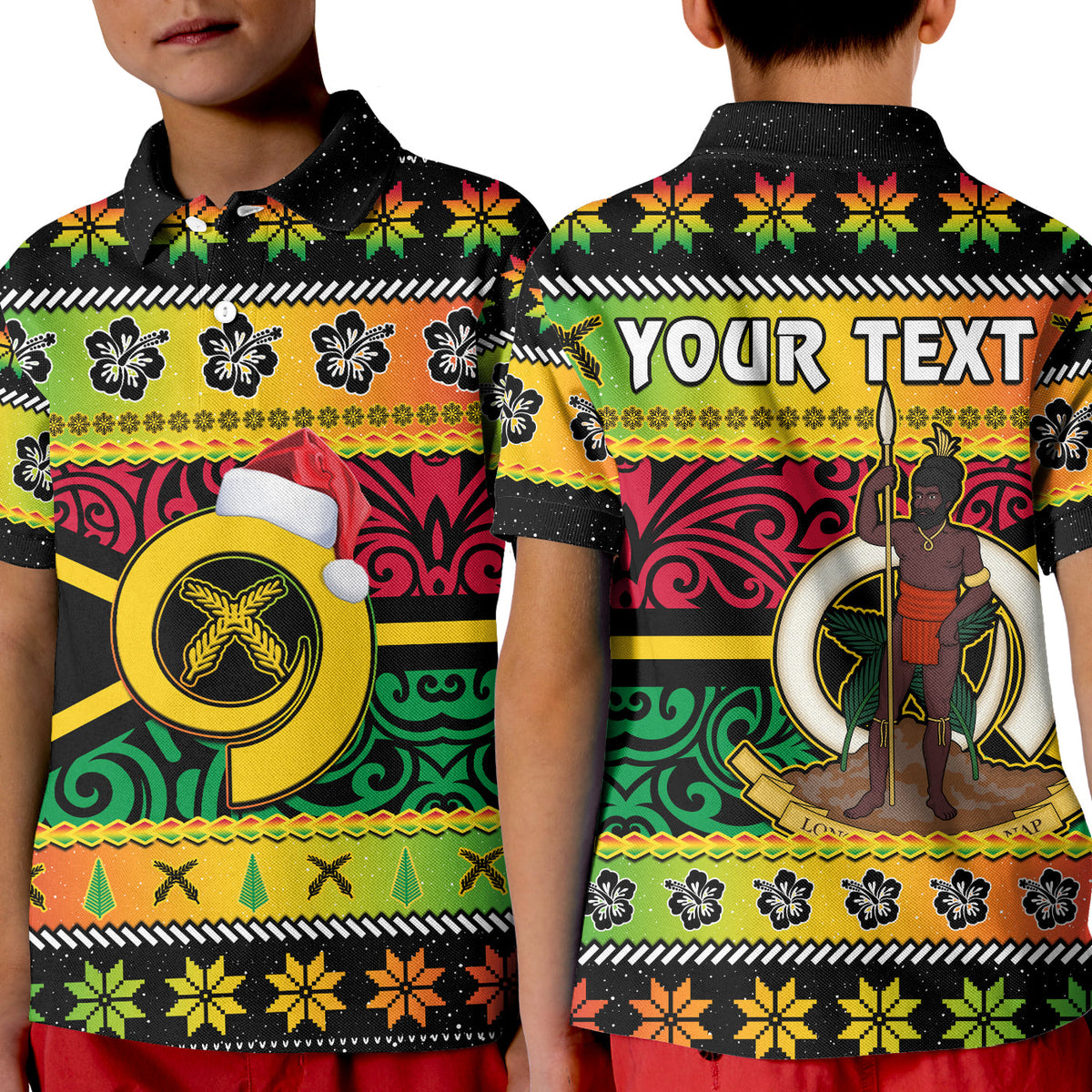Custom Vanuatu Christmas Polo Shirt Pig Tusk Polynesian Joyeux Noel Flag Art LT14 Kid Reggae - Polynesian Pride