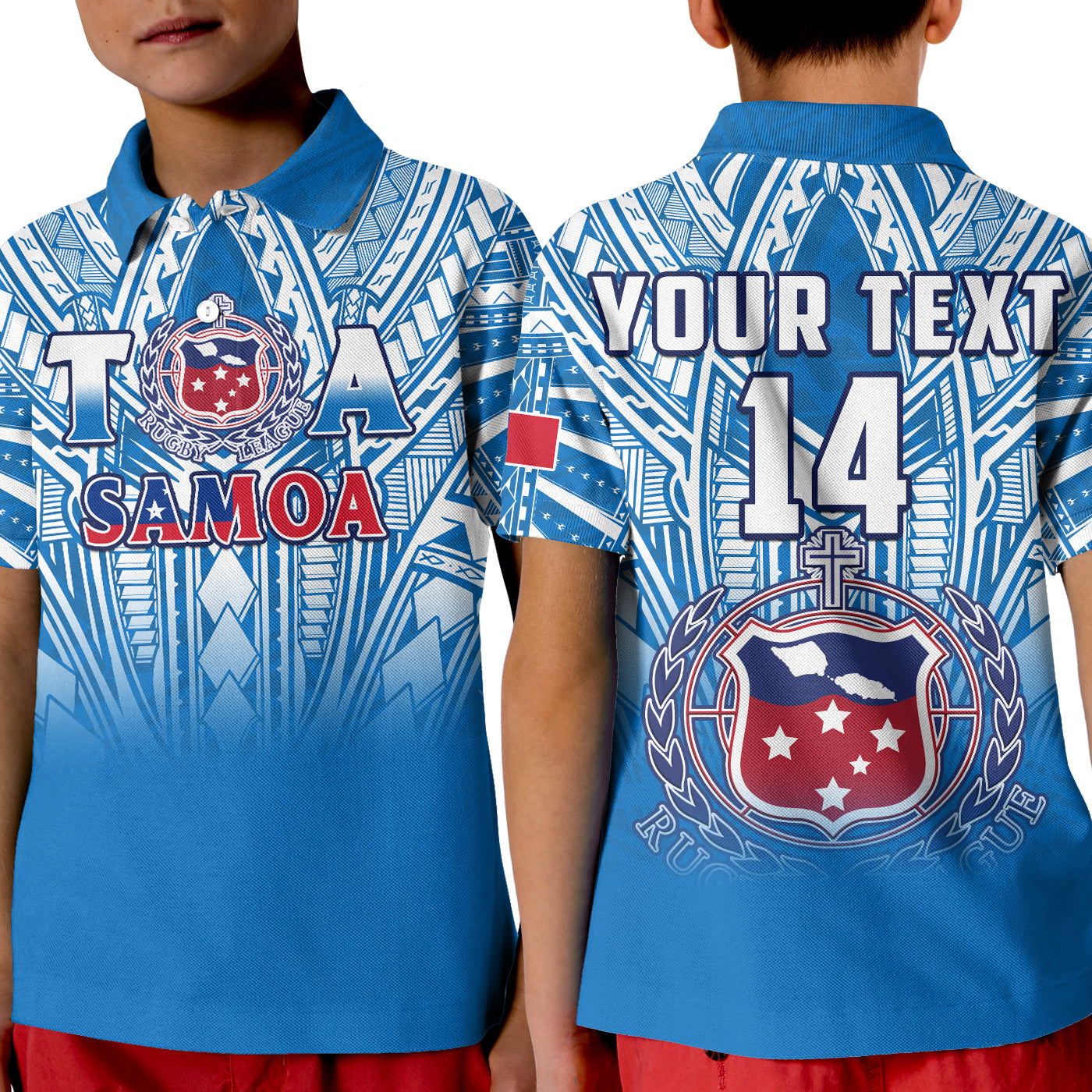 (Custom Text And Number) Samoa Rugby Polo Shirt KID Personalise Toa Samoa Polynesian Pacific Blue Version LT14 Kid Blue - Polynesian Pride