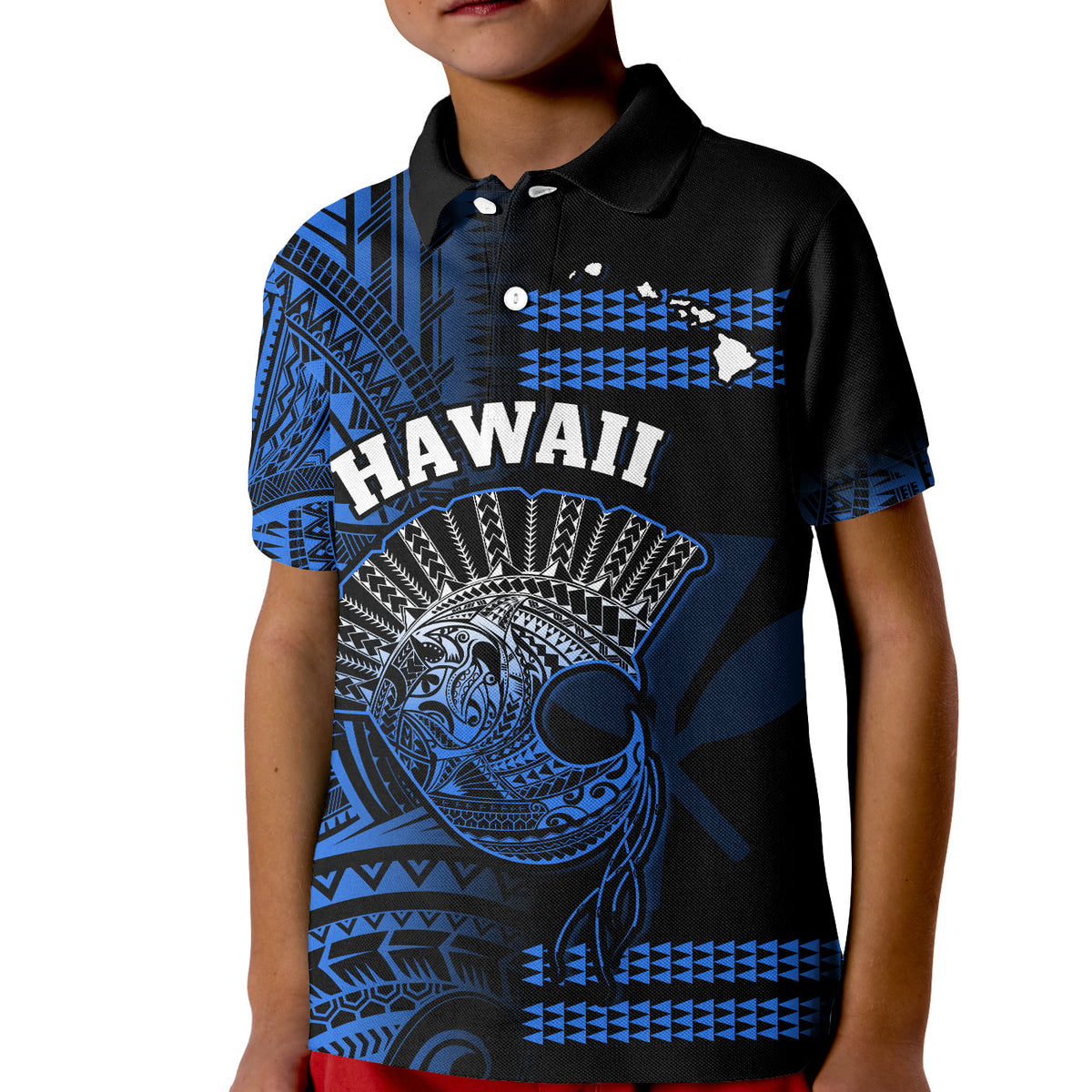 Hawaii Polo Shirt Kakau Warrior Helmet Gradient Blue Polynesian LT14 - Polynesian Pride