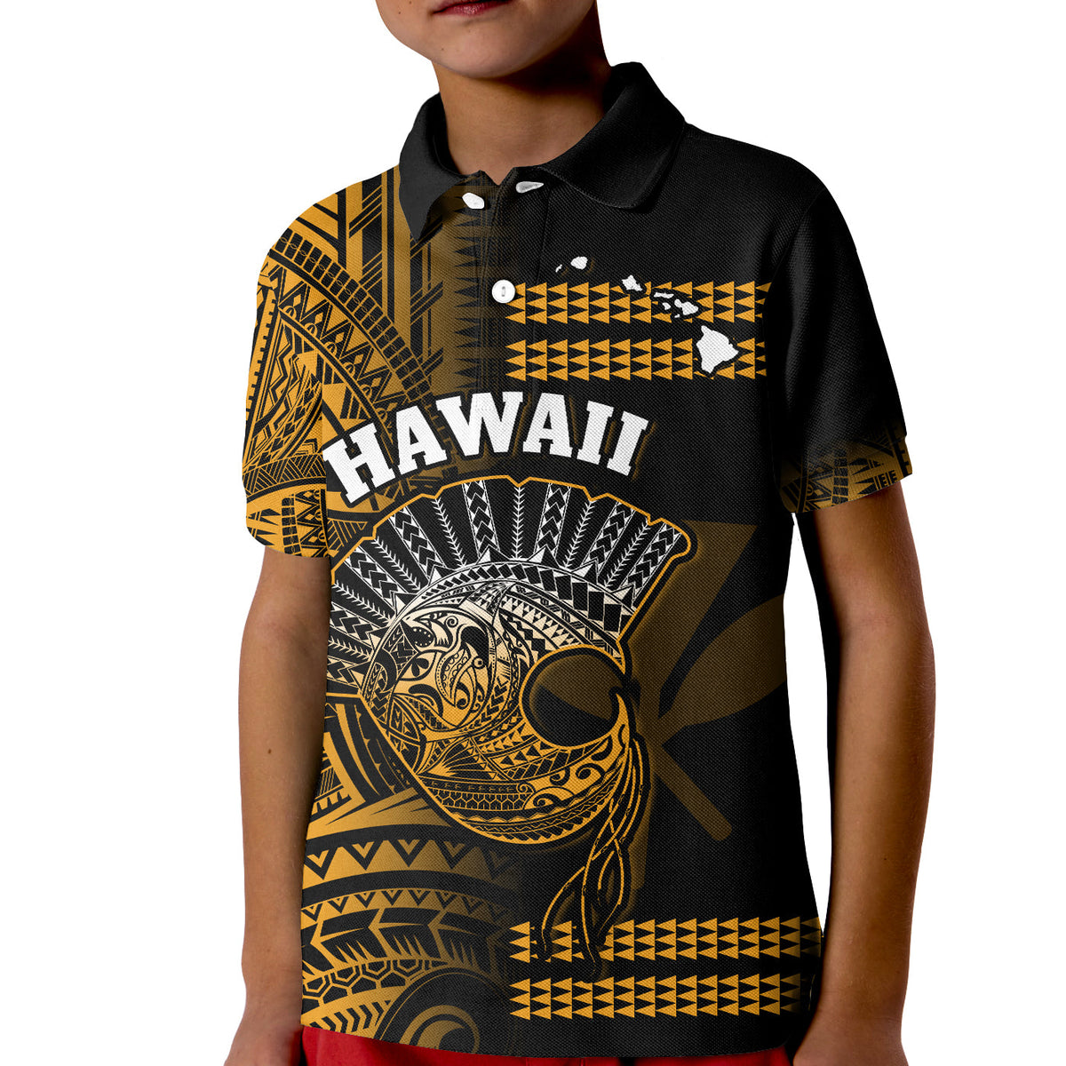 Hawaii Polo Shirt Kakau Warrior Helmet Gradient Gold Polynesian LT14 - Polynesian Pride
