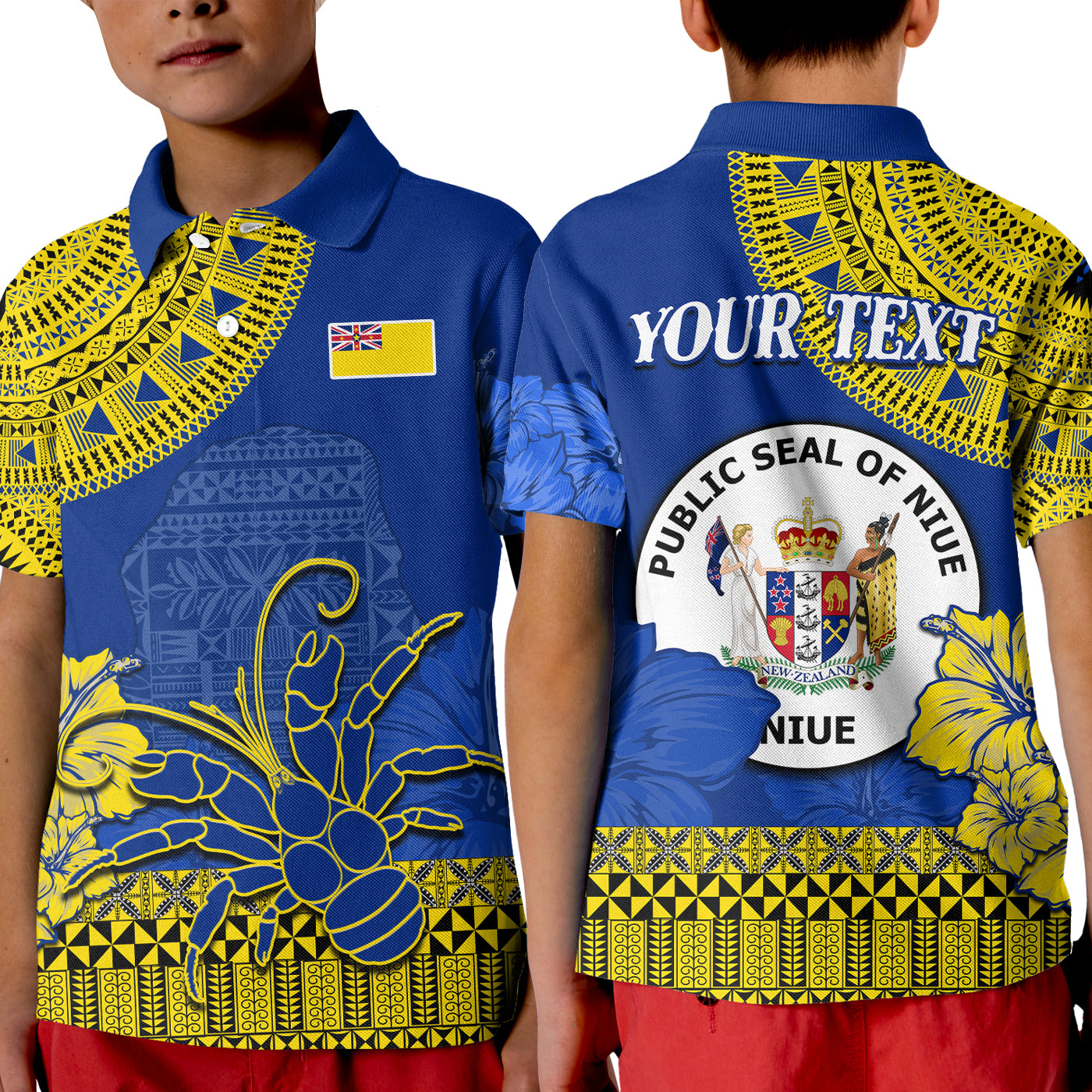 (Custom Personalised) Niue Hiapo Polo Shirt KID Rock of Polynesia Tapa Niuean Crab Happy Day LT13 Kid Blue - Polynesian Pride