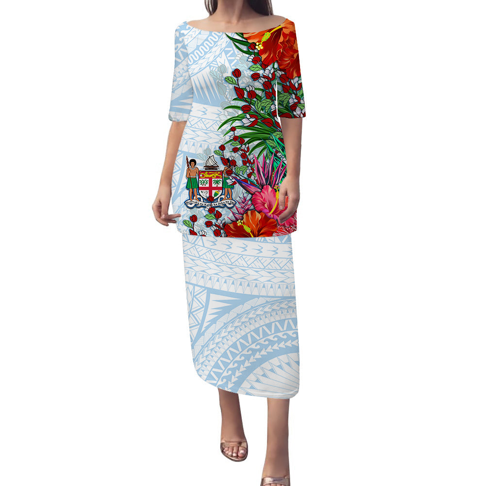 (Custom Personalised) Fiji Puletasi Dress Proud Fijian Tapa mix Tagimoucia Flowers LT13 White - Polynesian Pride