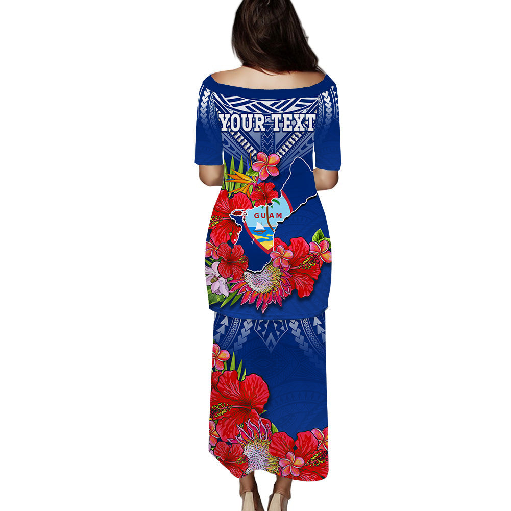 (Custom Personalised) Guam Chamorro Puletasi Dress Guaman Latte Stone Tropical Flowers Blue Version LT14 - Polynesian Pride