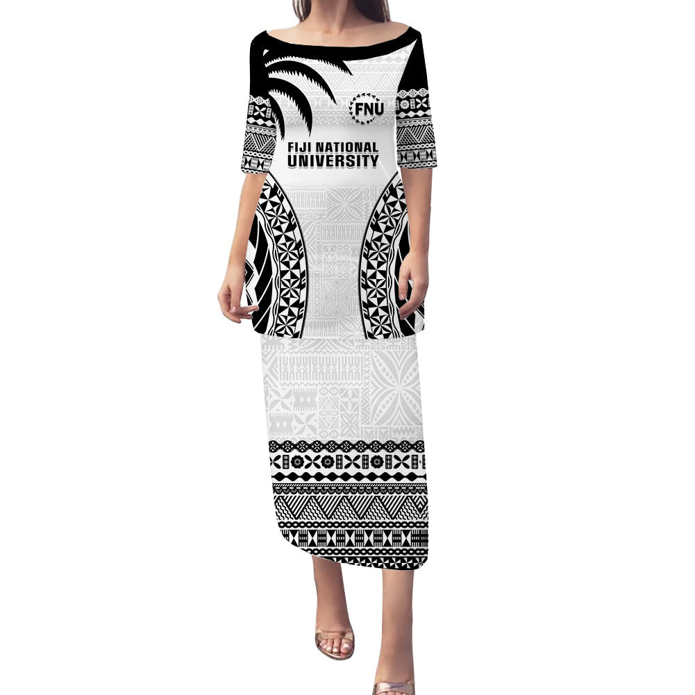 (Custom Personalised) Fiji University Puletasi Dress National Fijian Tapa Pattern White LT14 Long Dress White - Polynesian Pride