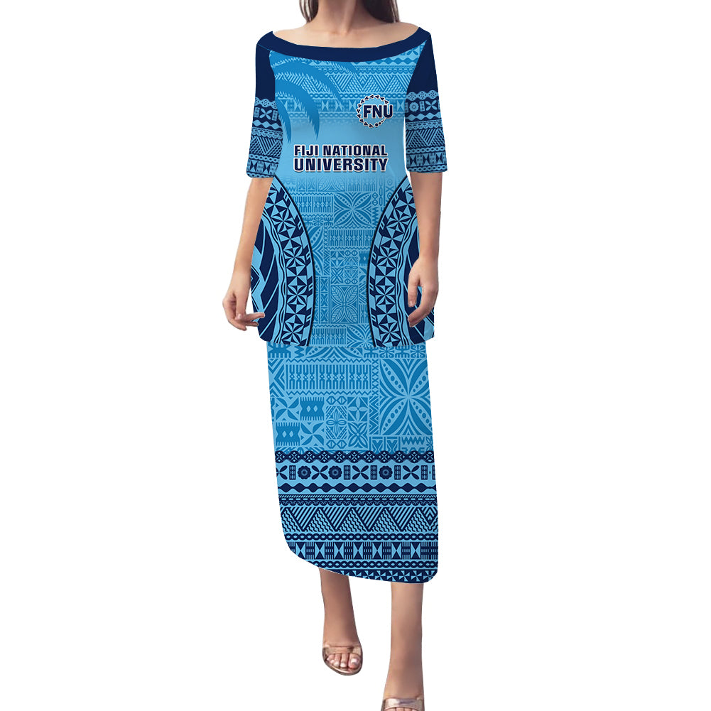 Fiji University Puletasi Dress National Fijian Tapa Pattern Blue LT14 Long Dress Blue - Polynesian Pride