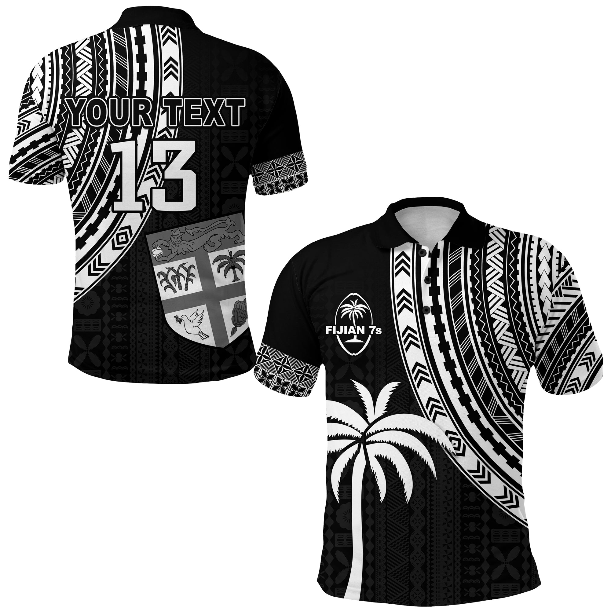 Custom Fiji Rugby Sevens Polo Shirt Fijian 7s Tapa Polynesian Custom Text and Number LT13 Black - Polynesian Pride