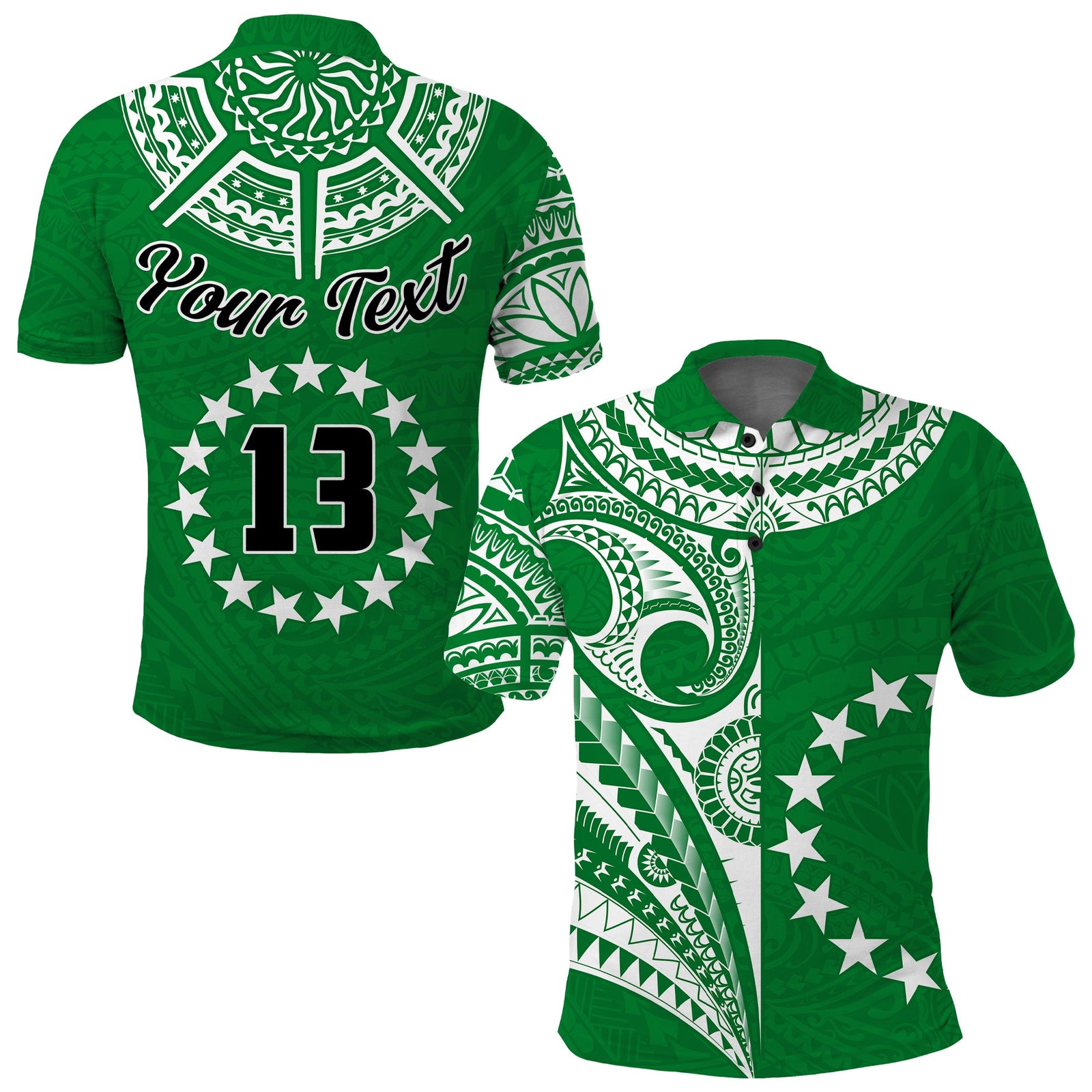 (Custom Text and Number) Cook Islands Tatau Polo Shirt Symbolize Passion Stars Version Green LT13 Green - Polynesian Pride