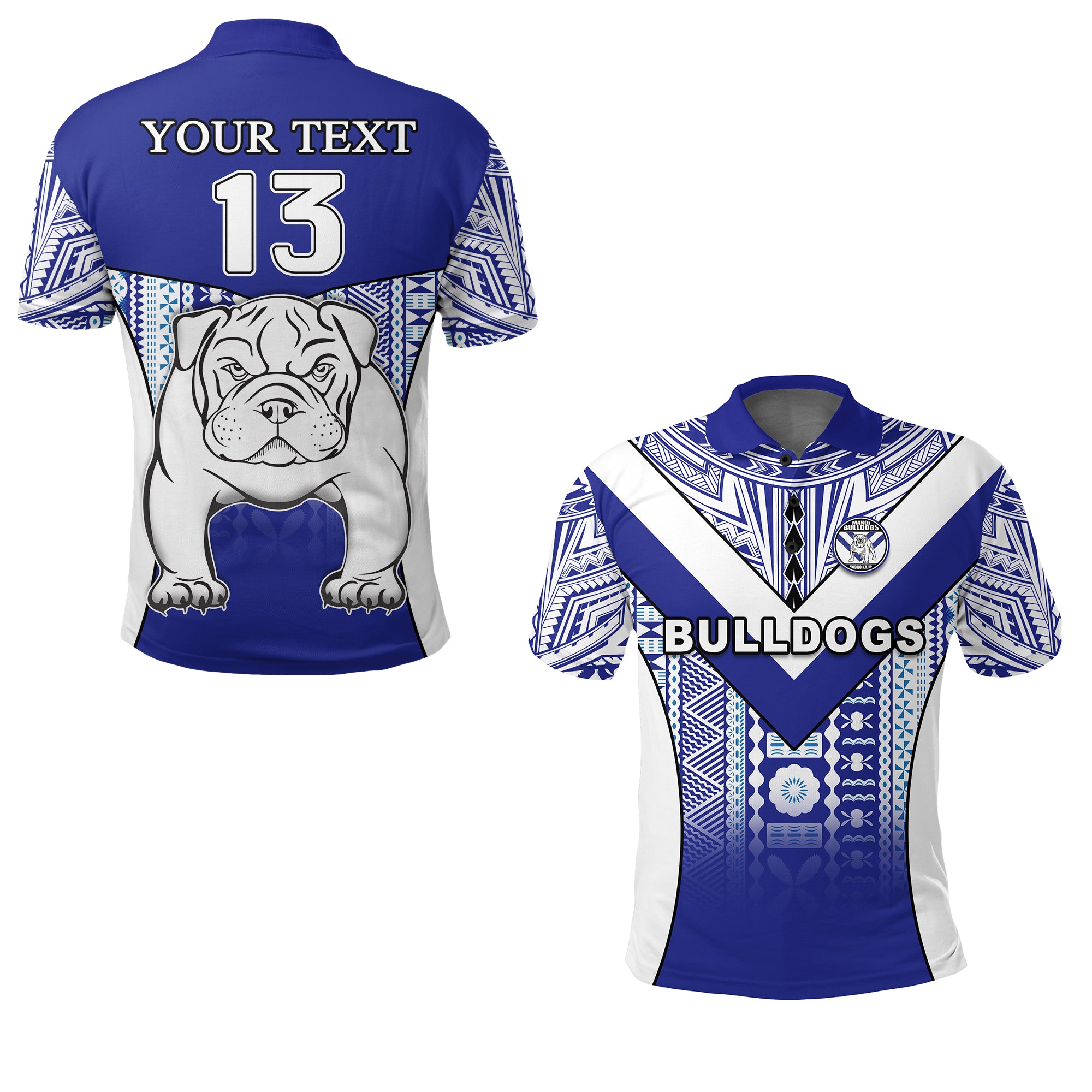 Custom Makoi Bulldogs Polo Shirt Mix Tapa Fijian Custom Text and Number LT13 Unisex Blue - Polynesian Pride