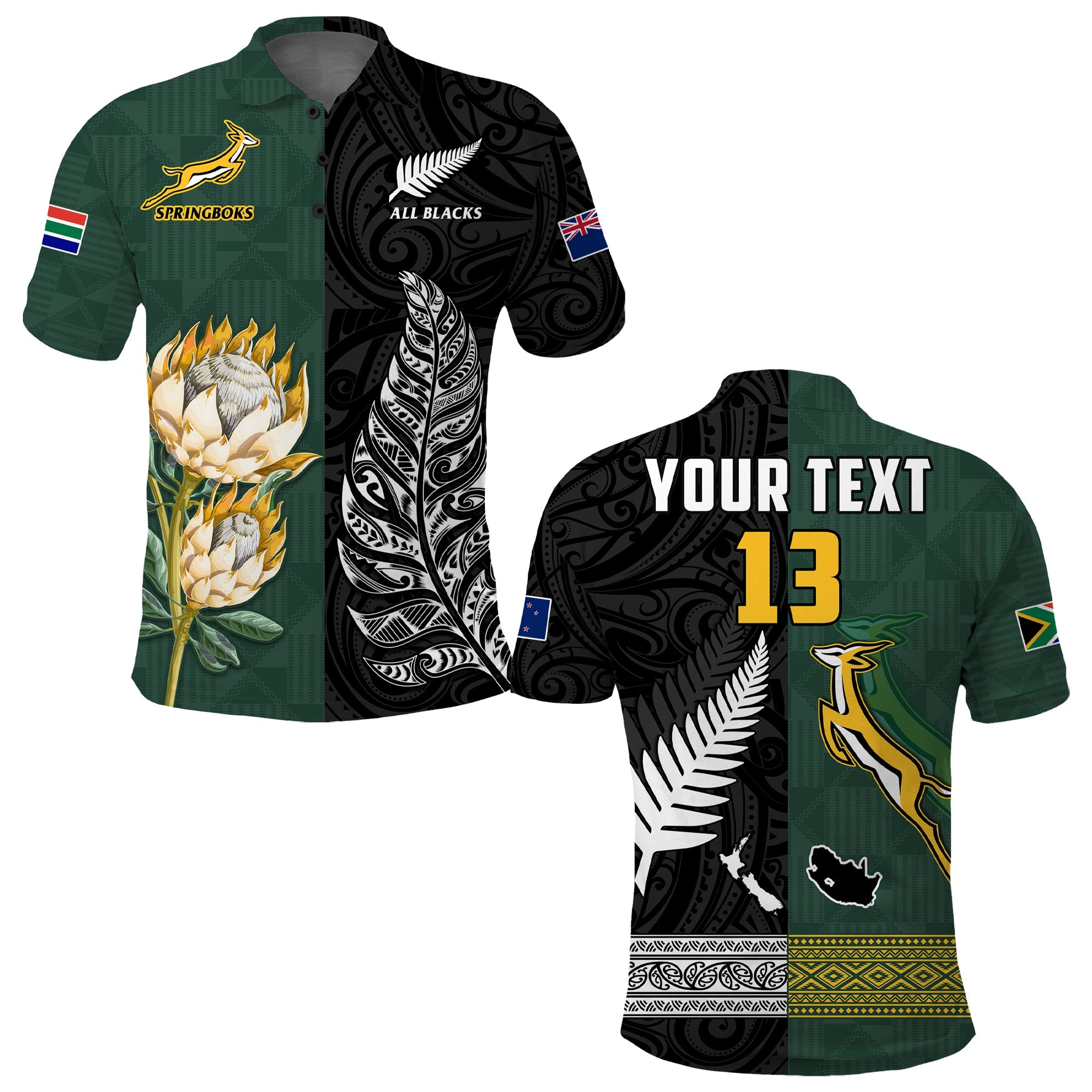 (Custom Text and Number) South Africa Protea and New Zealand Fern Polo Shirt Rugby Go Springboks vs All Black LT13 Art - Polynesian Pride