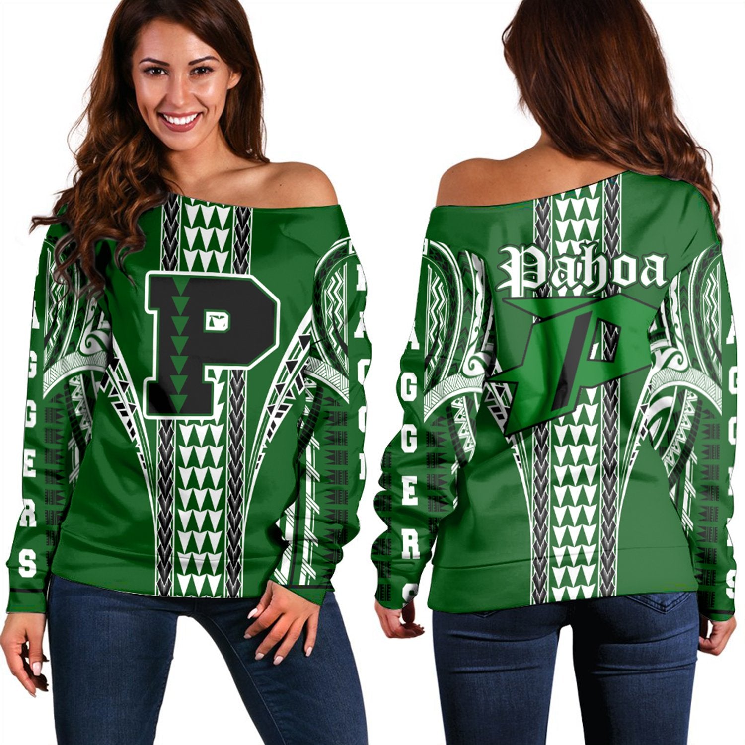 Hawaii - Pahoa High Women's Off Shoulder Sweatshirt AH Green - Polynesian Pride