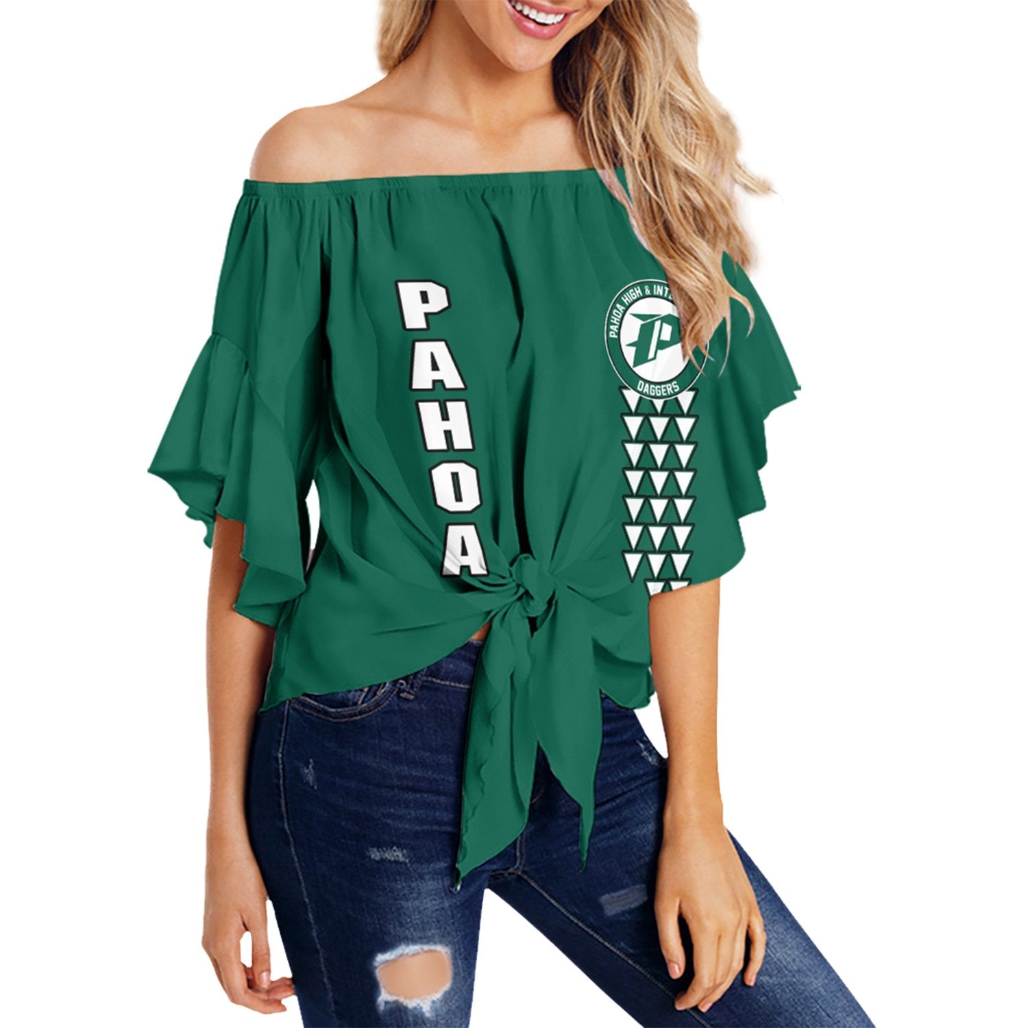 (Personalised) Hawaii - Pahoa High Custom Your Class Off Shoulder Waist Wrap Top AH Female Green - Polynesian Pride