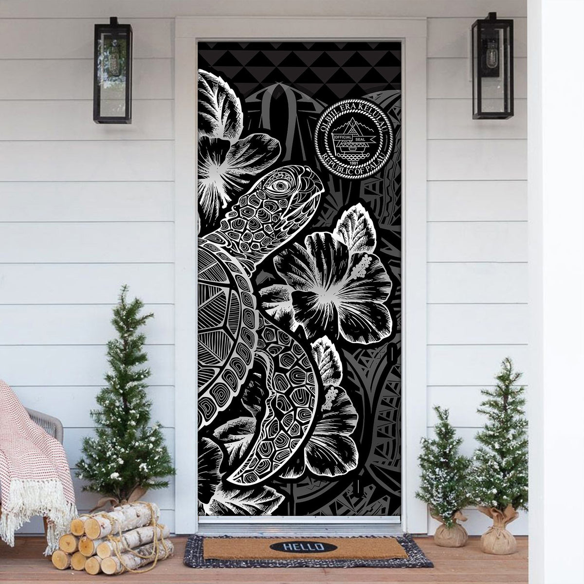 Palau Door Cover Turtle Hibiscus Black - Polynesian Pride