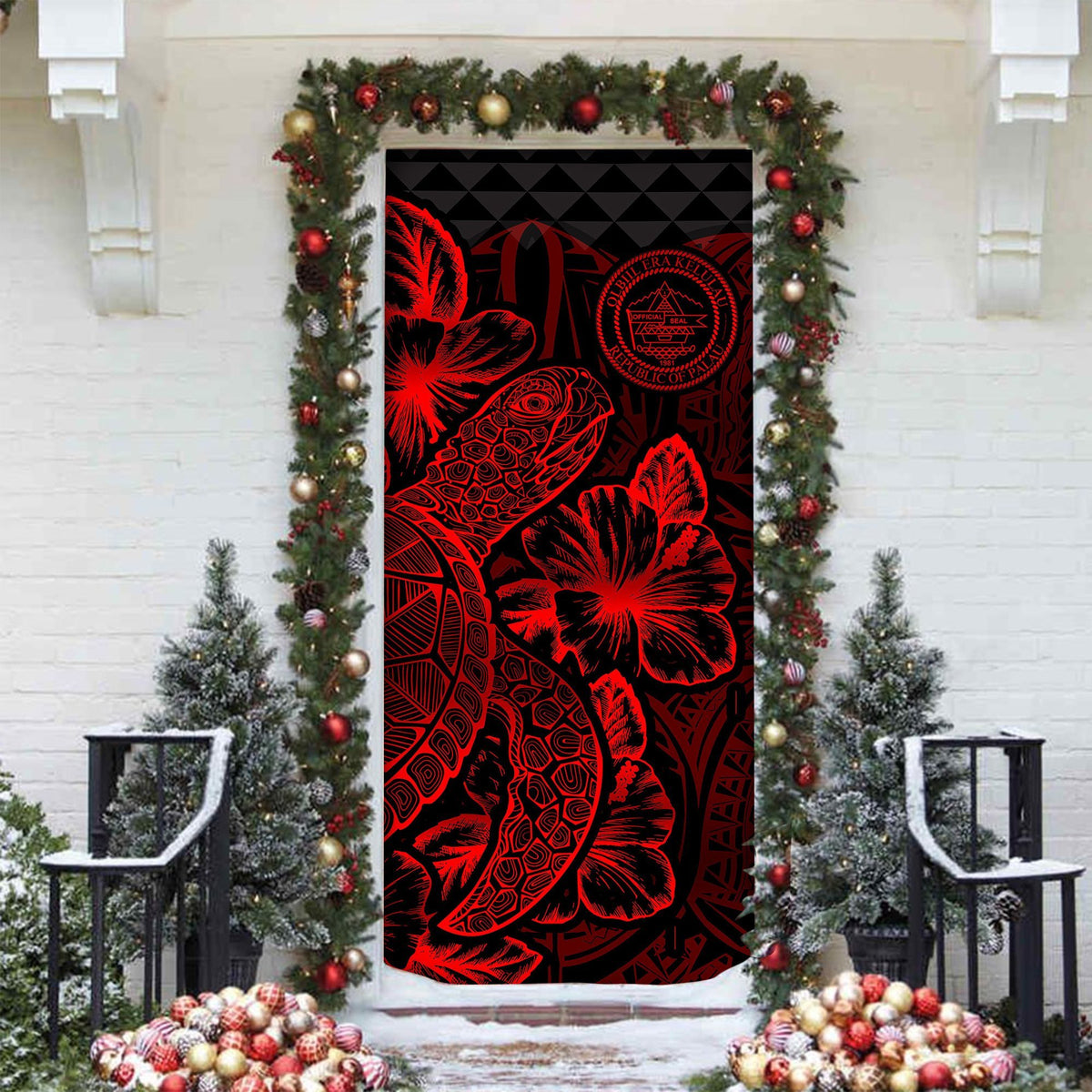 Palau Door Cover Turtle Hibiscus Red - Polynesian Pride