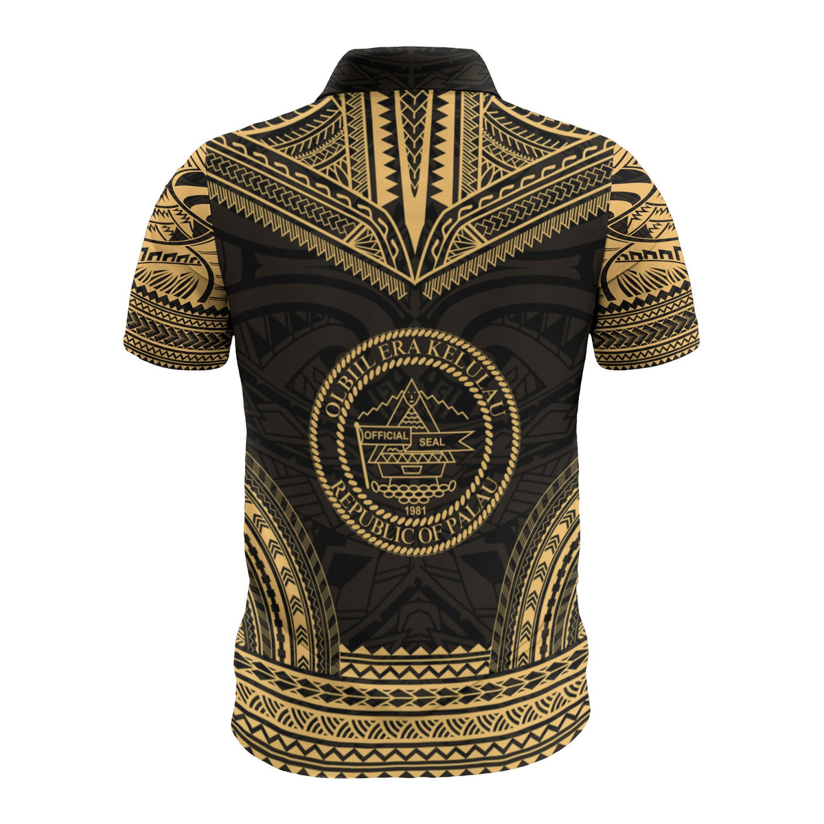 Palau Custom Polo Shirt Palau Seal Polynesian Chief Tattoo Gold Version - Polynesian Pride