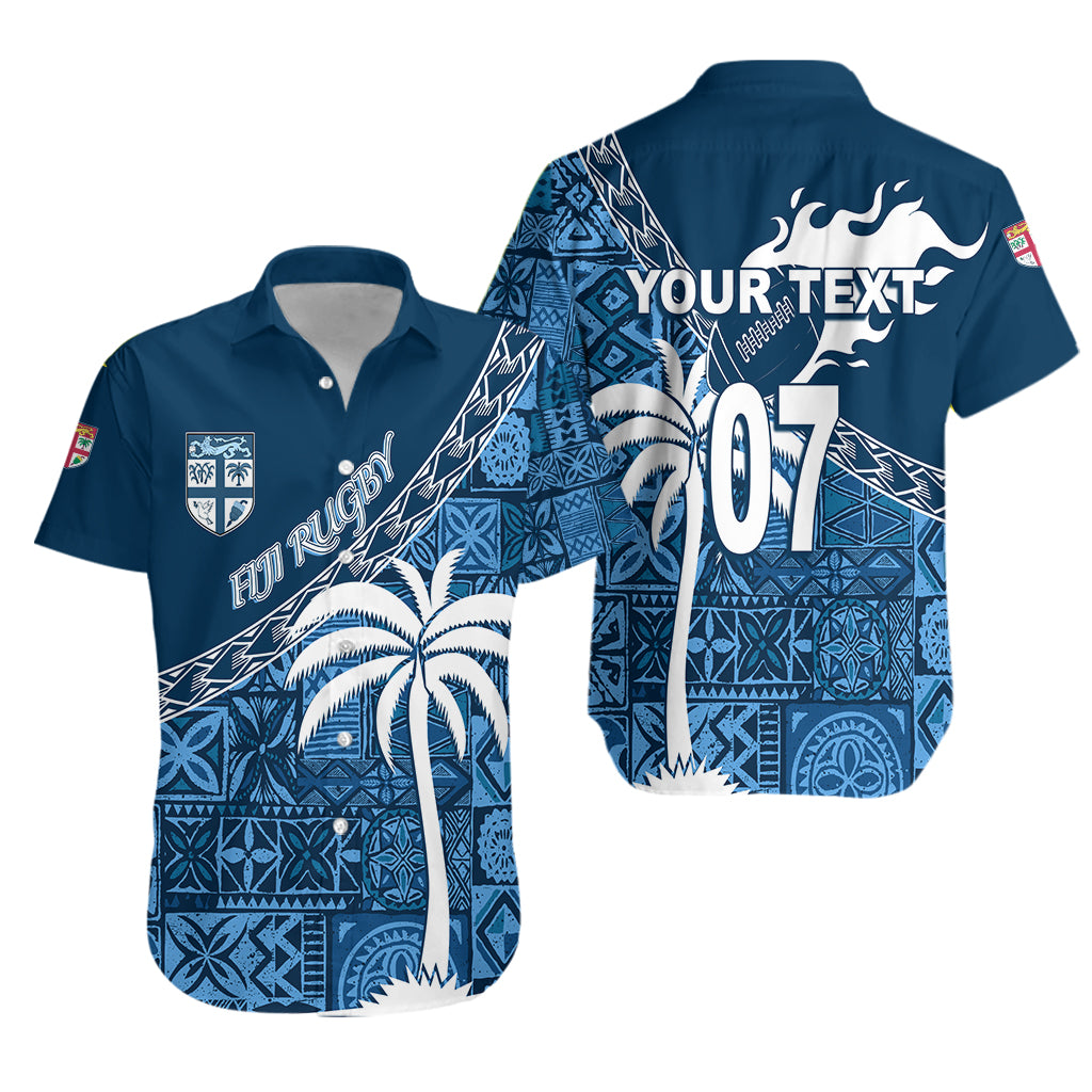 (Custom Personalize) Tapa Pattern with Palm Tree Fiji Rugby Hawaiian Shirt LT7 Unisex Navy - Polynesian Pride