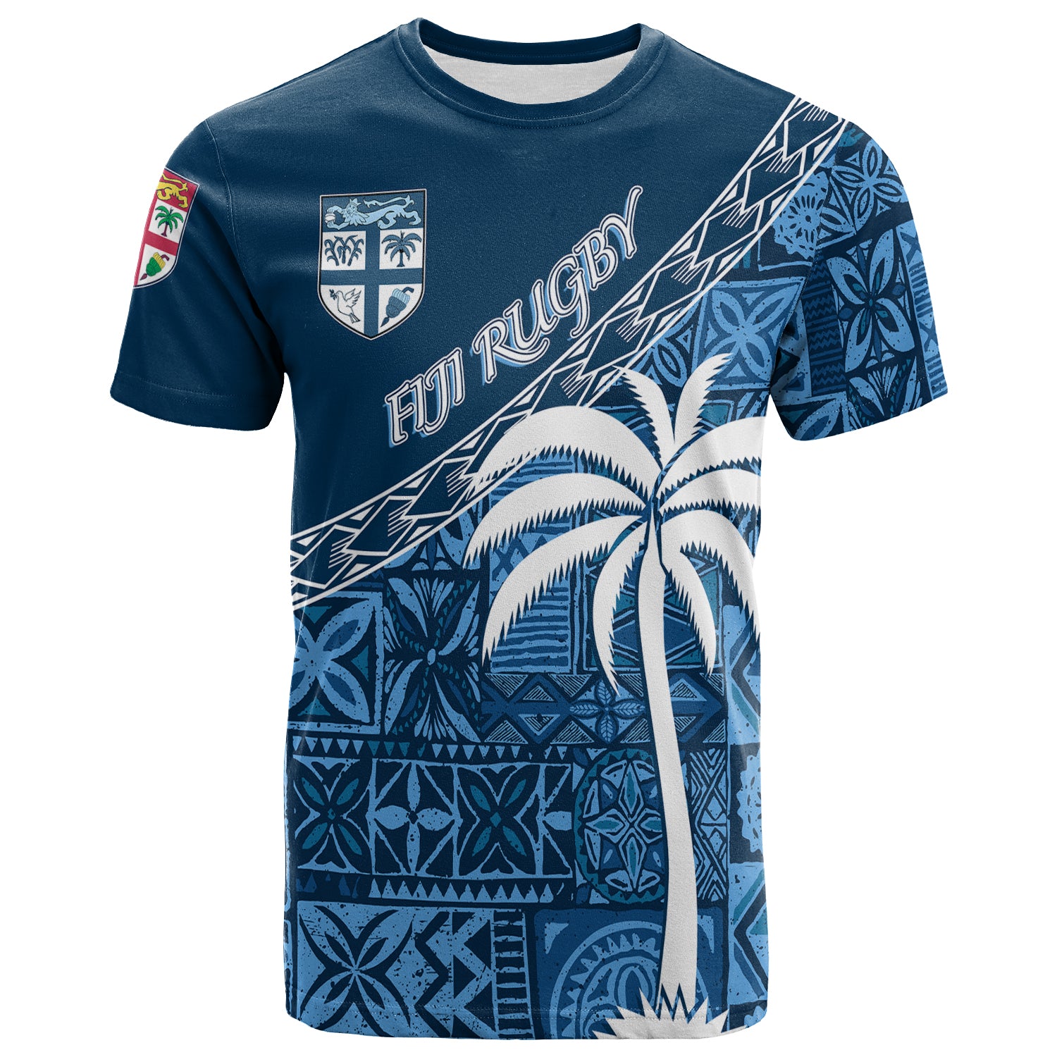 Custom Tapa Pattern with Palm Tree Fiji Rugby T Shirt LT7 Unisex Navy - Polynesian Pride