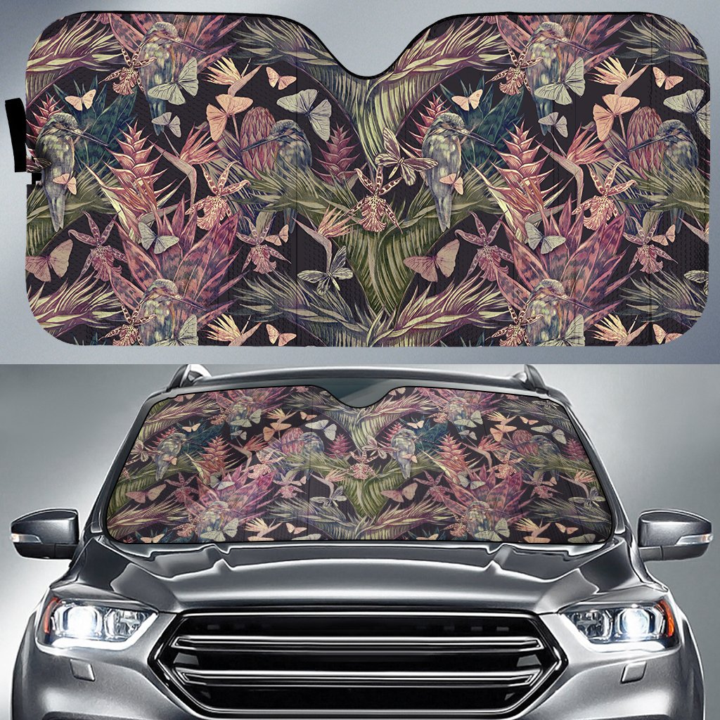 Palm Leaves, Tropical Flowers Hawaii Car Sun Shade Auto Sun Shade Universal Fit White - Polynesian Pride