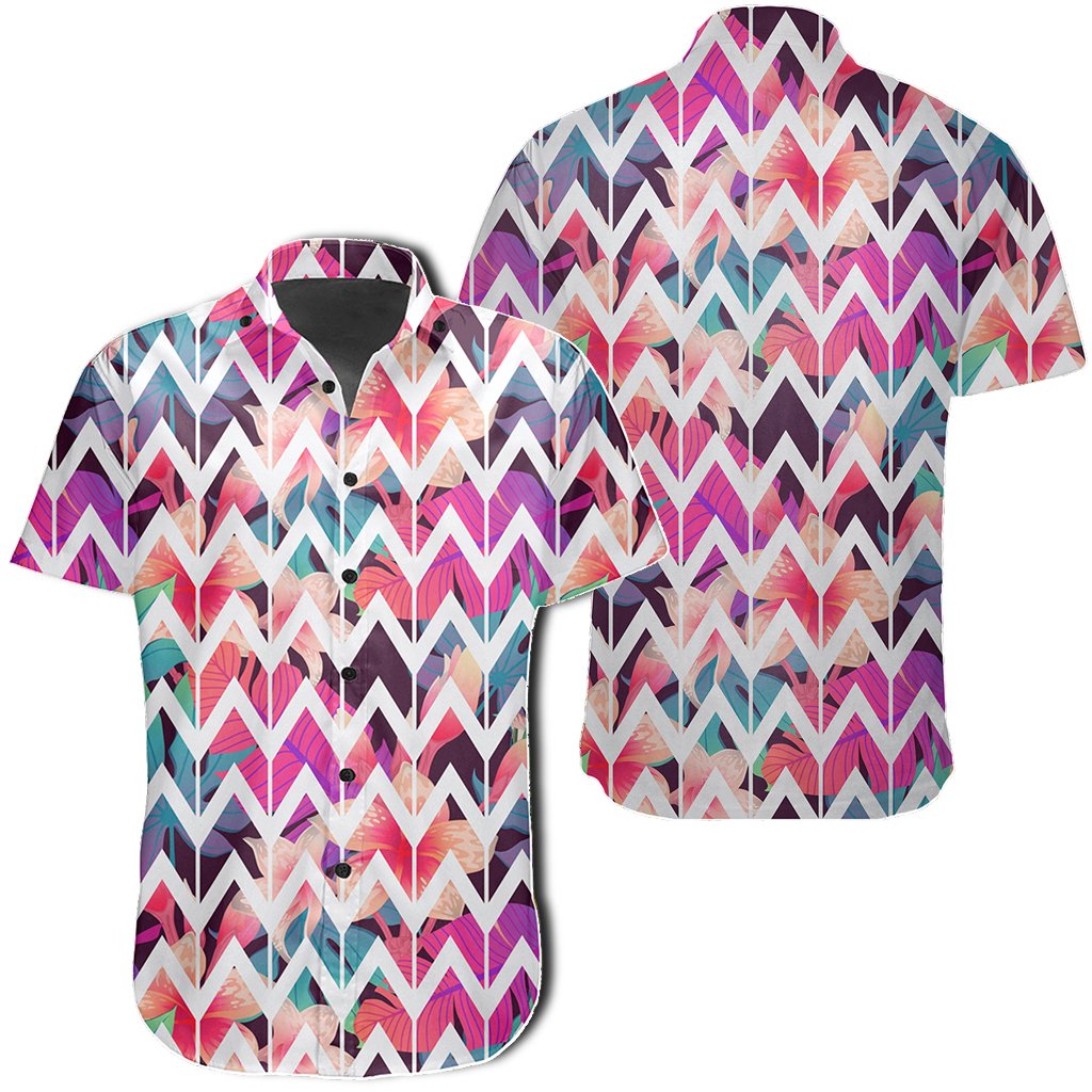 Hawaiian Shirt - Palm Foliage On Striped Zigzag Shirt Unisex Black - Polynesian Pride