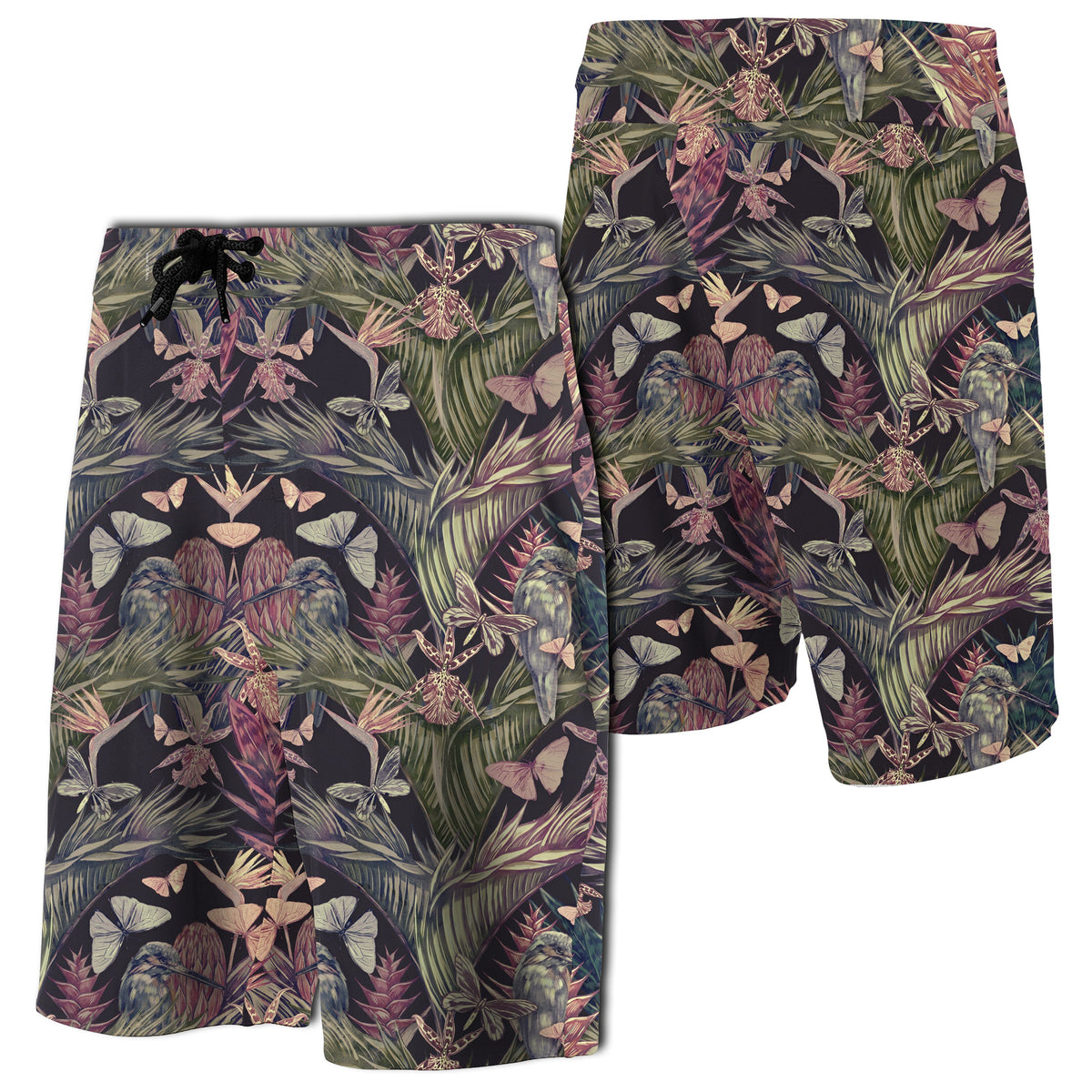 Palm Leaves, Tropical Flowers Board Shorts Men Black - Polynesian Pride