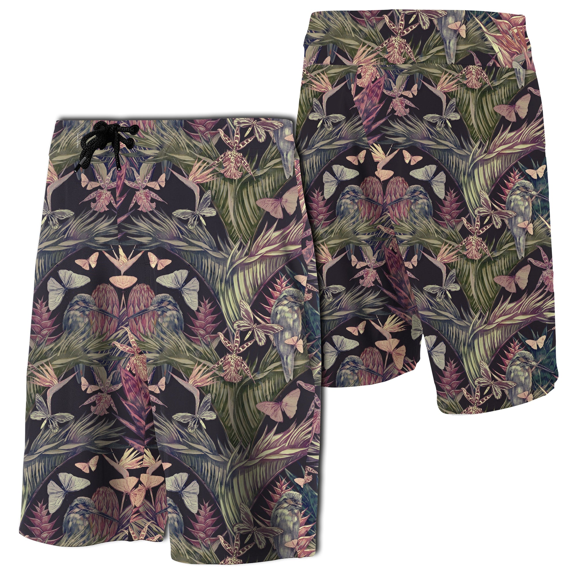 Palm Leaves, Tropical Flowers Board Shorts Men Black - Polynesian Pride