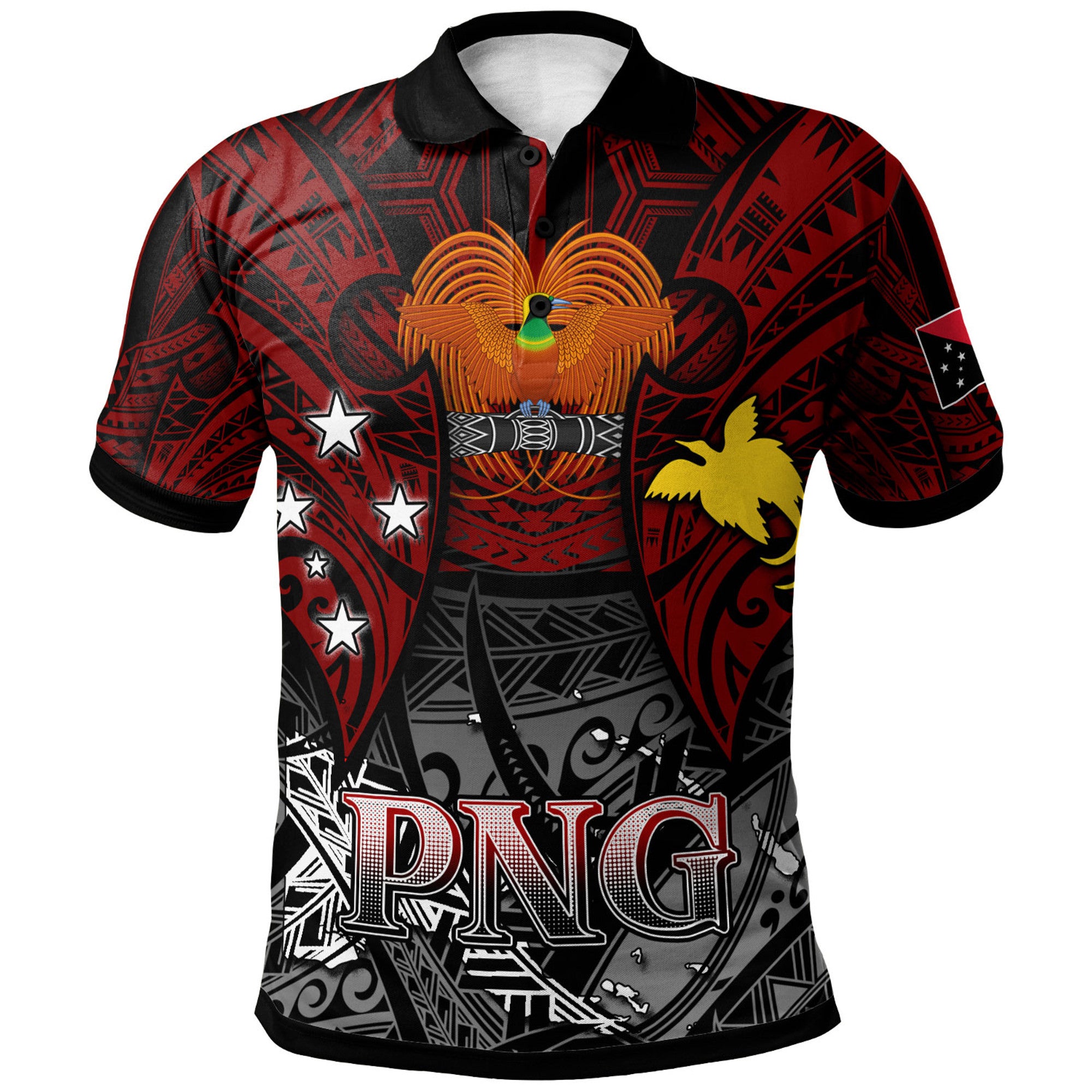 Papua New Guinea Polo Shirt Custom PNG Map Polynesian Flag Color Style Polo Shirt Black - Polynesian Pride
