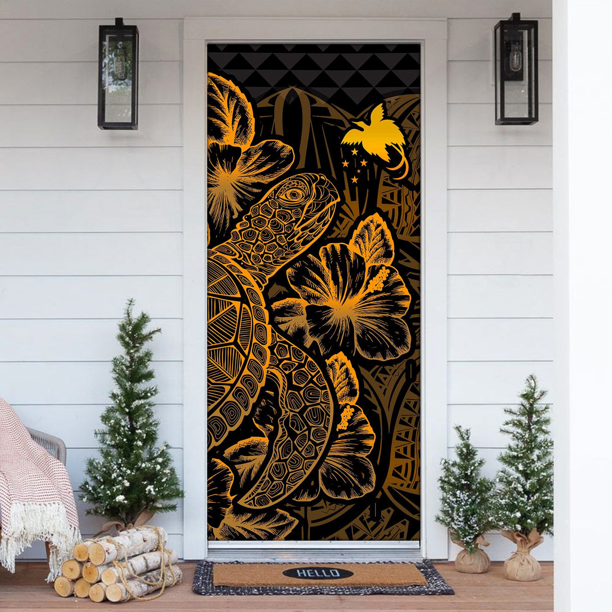 Papua New Guinea Door Cover Turtle Hibiscus Gold - Polynesian Pride