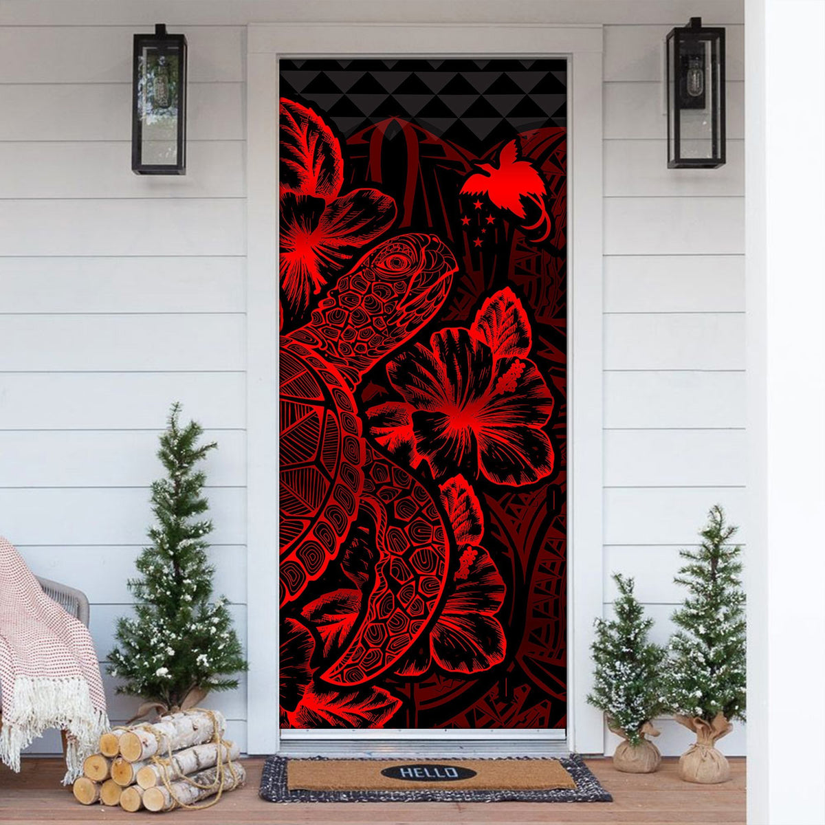 Papua New Guinea Door Cover Turtle Hibiscus Red - Polynesian Pride