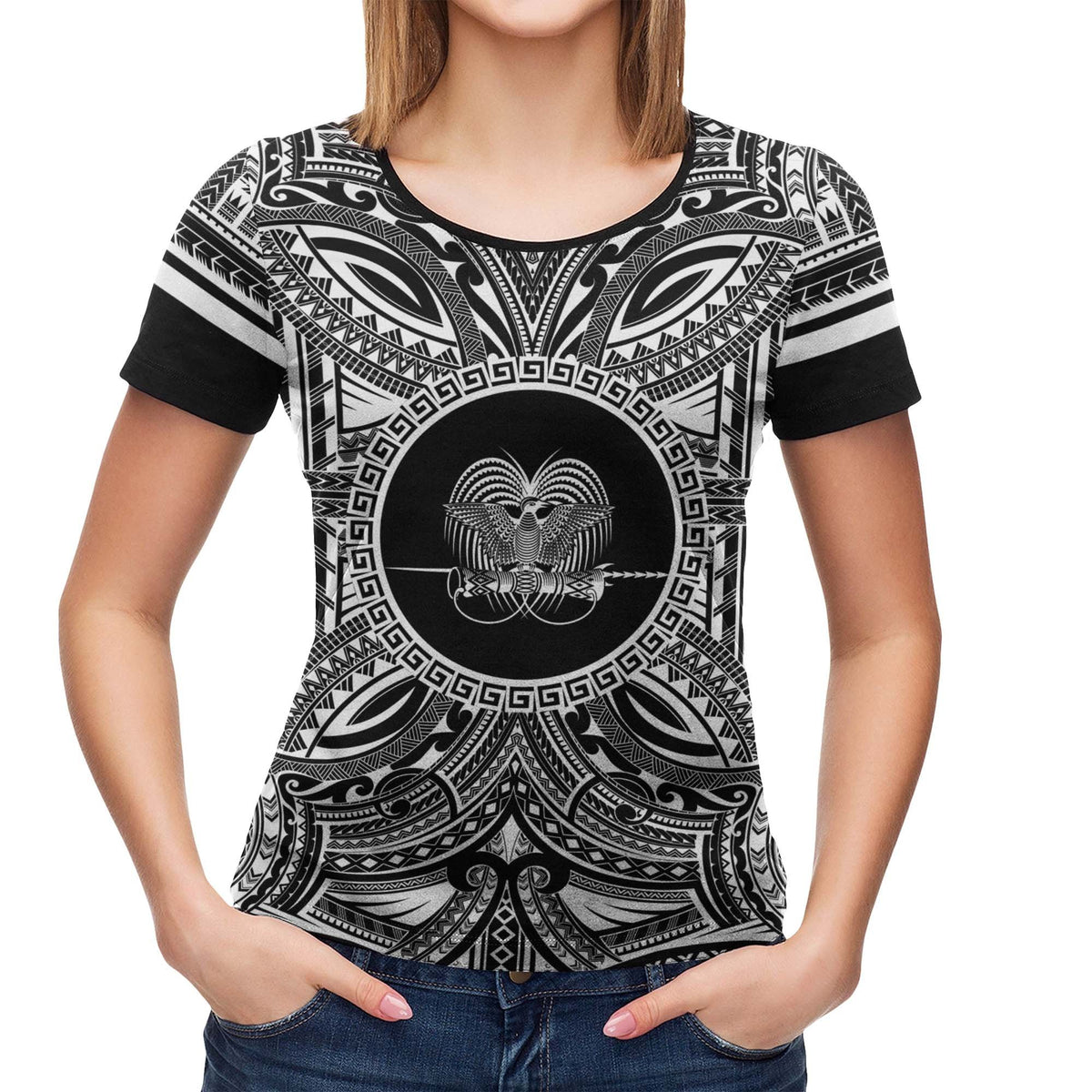 Papua New Guinea All T Shirt Papua New Guinea Coat Of Arms Polynesian White Black - Polynesian Pride