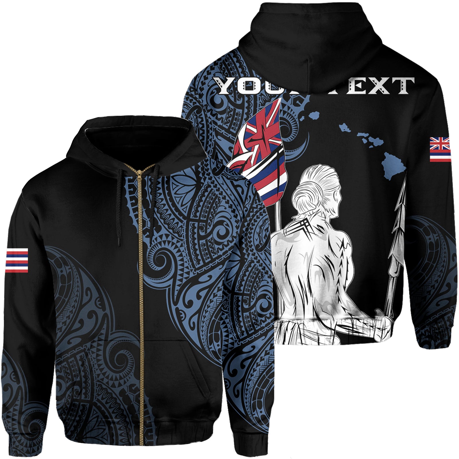 Personalized Hawaii Map Polynesian Warrior Ikaika Hoodie Zip William Style Pastel Blue Unisex Black - Polynesian Pride