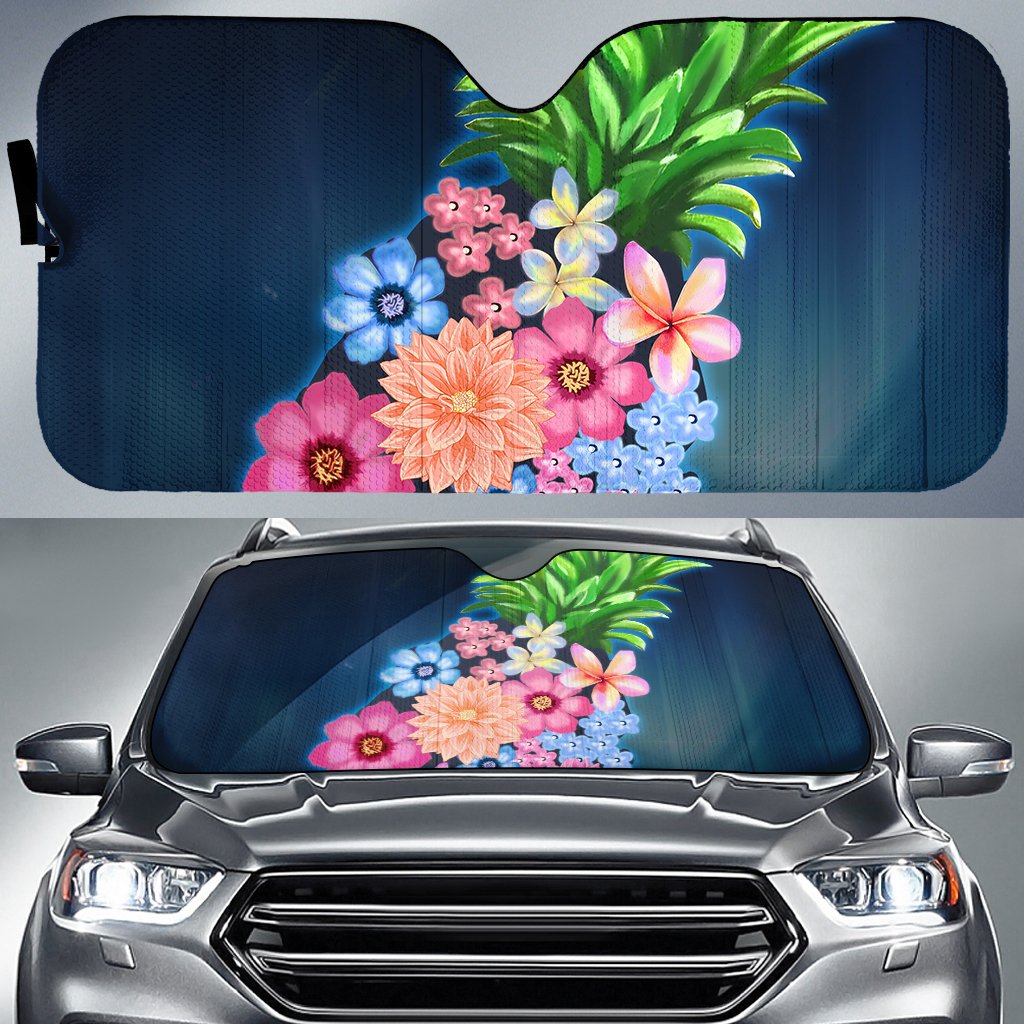 Pineapple Hibiscus Pattern Car Sun Shade AH Auto Sun Shade Universal Fit White - Polynesian Pride