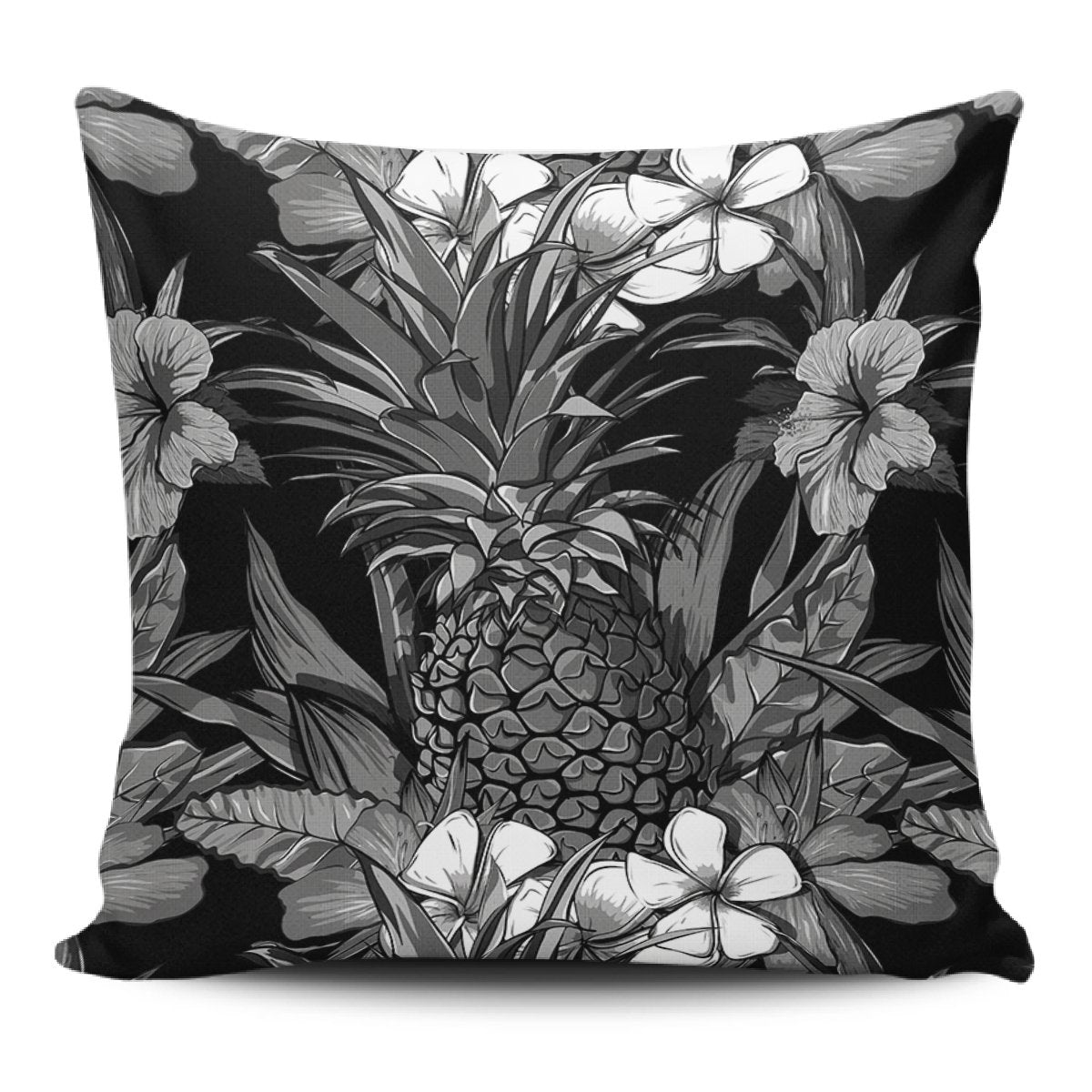 Pineapple Hibiscus Black And White Pillow Covers One Size Zippered Pillow Case 18"x18"(Twin Sides) Black - Polynesian Pride