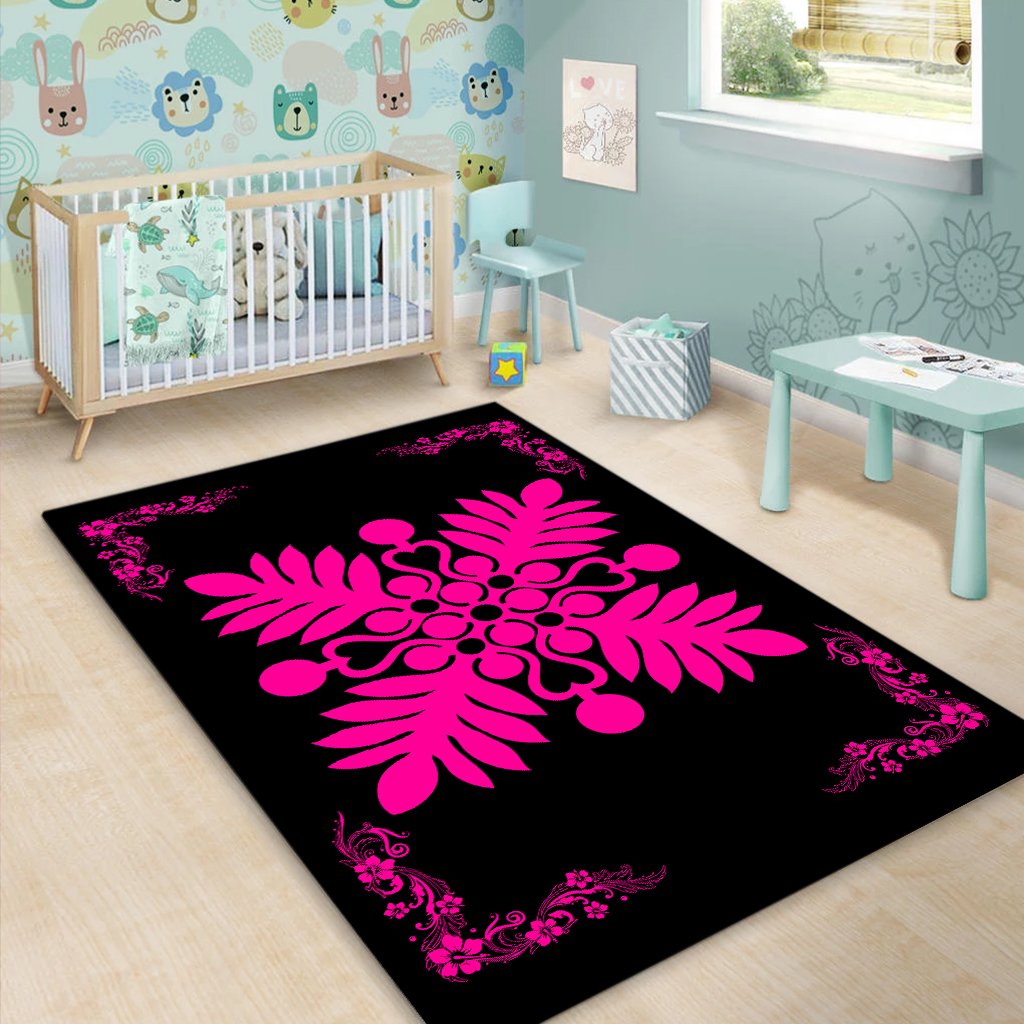 Hawaiian Quilt Maui Plant And Hibiscus Pattern Area Rug - Pink Black - AH - Polynesian Pride
