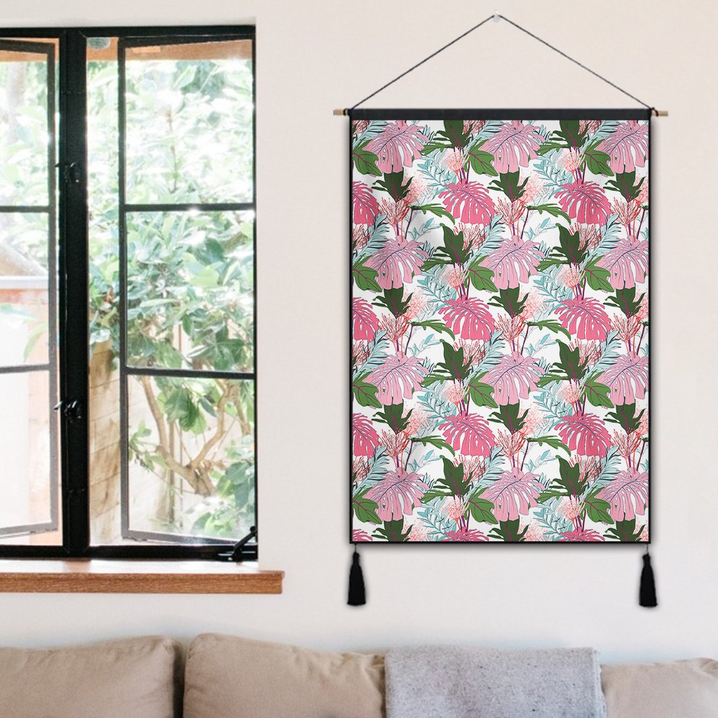 Pink Monstera And Green Tropical Leaves White Hanging Poster - AH Hanging Poster 50 x 75 cm Cotton And Linen - Polynesian Pride