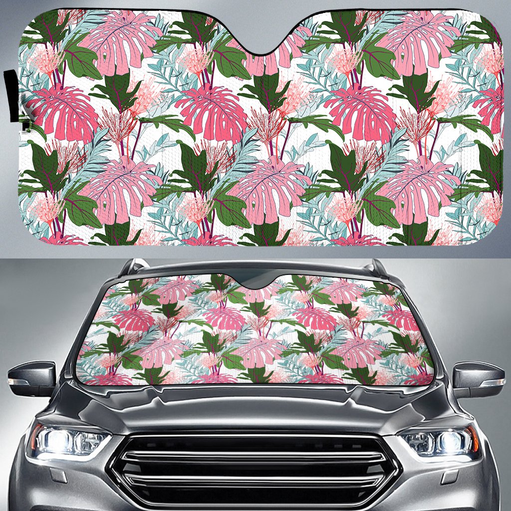 Pink Monstera And Green Tropical Leaves White Hawaii Car Sun Shade Auto Sun Shade Universal Fit Green - Polynesian Pride