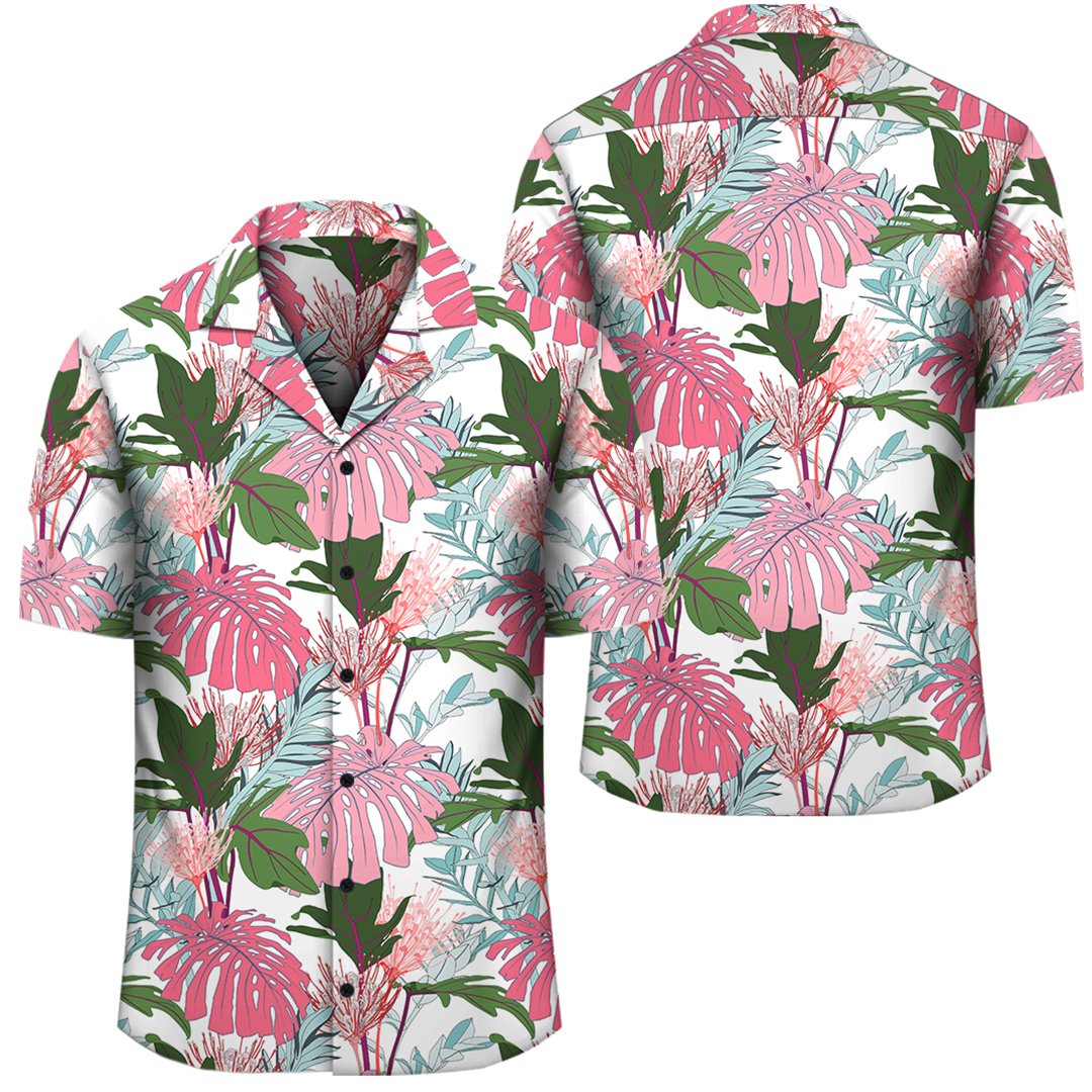 Pink Monstera And Green Tropical Leaves White Hawaiian Shirt Unisex Black - Polynesian Pride