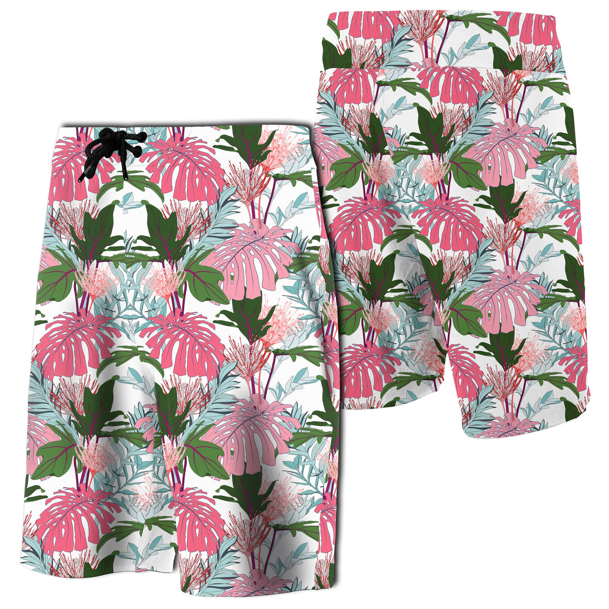 Pink Monstera And Green Tropical Leaves Board Shorts Men Pink - Polynesian Pride