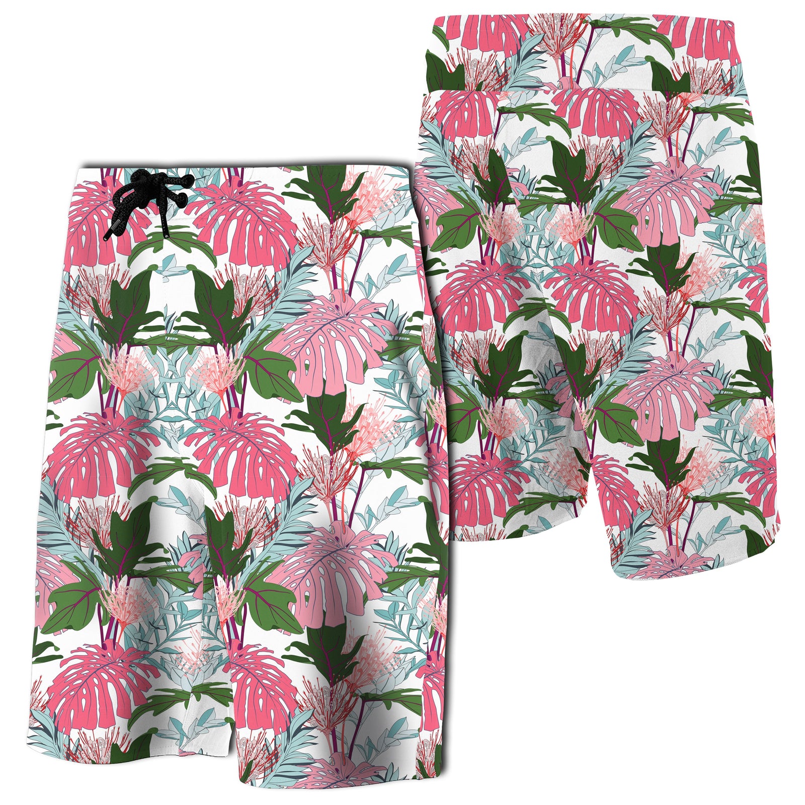 Pink Monstera And Green Tropical Leaves Board Shorts Men Pink - Polynesian Pride