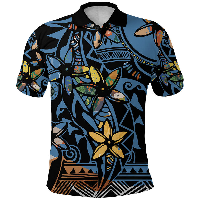 Plumeria Curve Polynesian Polo Shirt LT9 Blue - Polynesian Pride