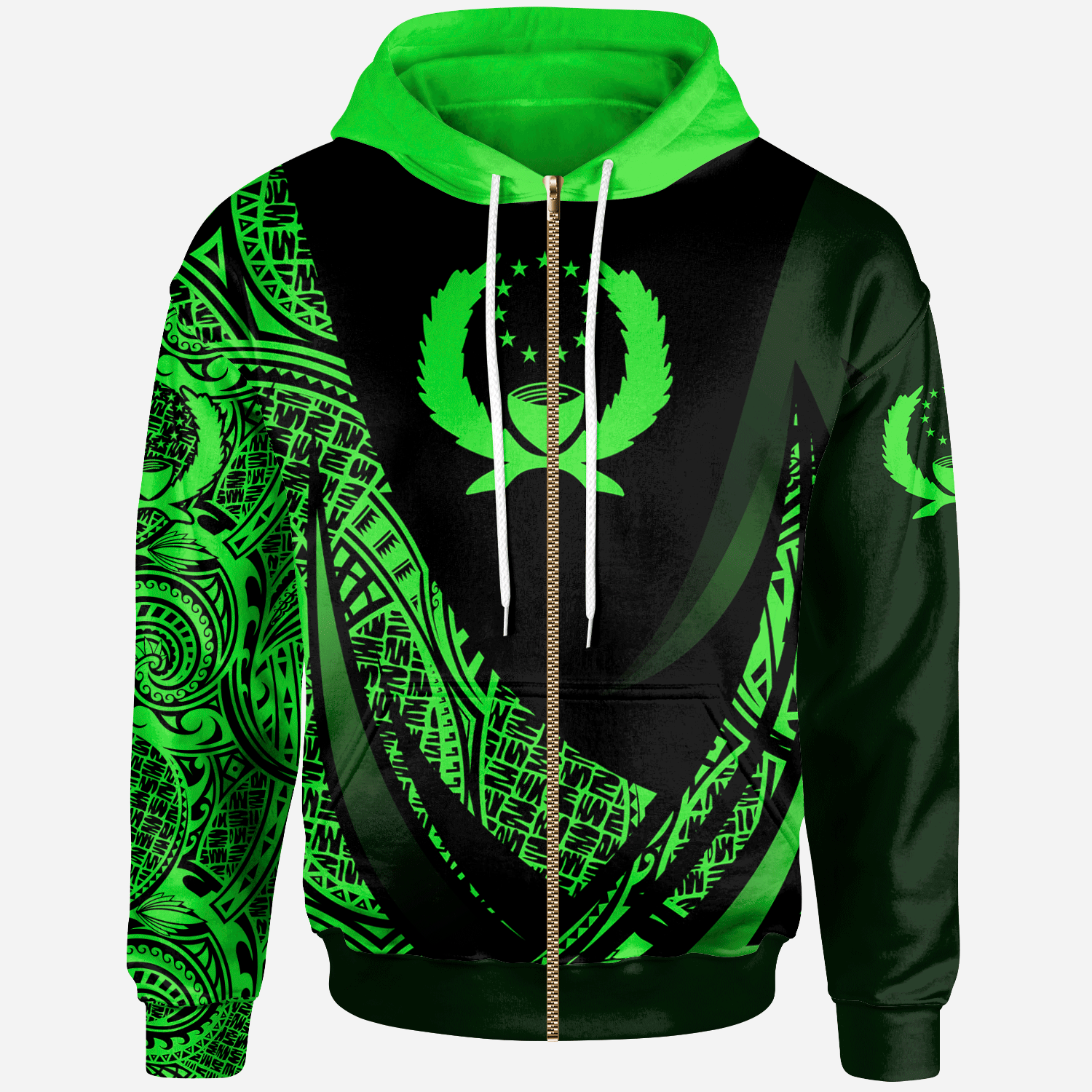 Pohnpei State Zip Hoodie Green Polynesian Patterns Sport Style Unisex Black - Polynesian Pride