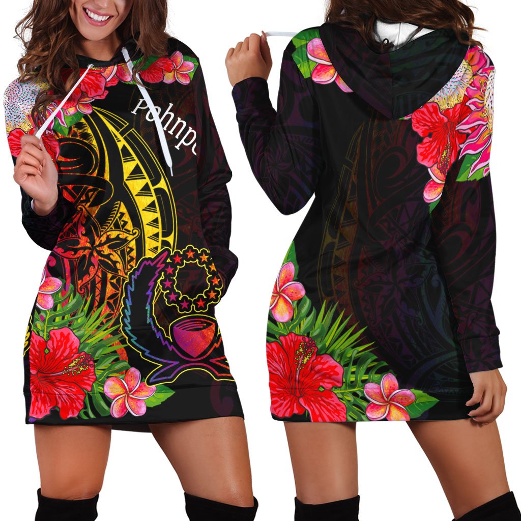 Pohnpei Hoodie Dress - Tropical Hippie Style Black - Polynesian Pride